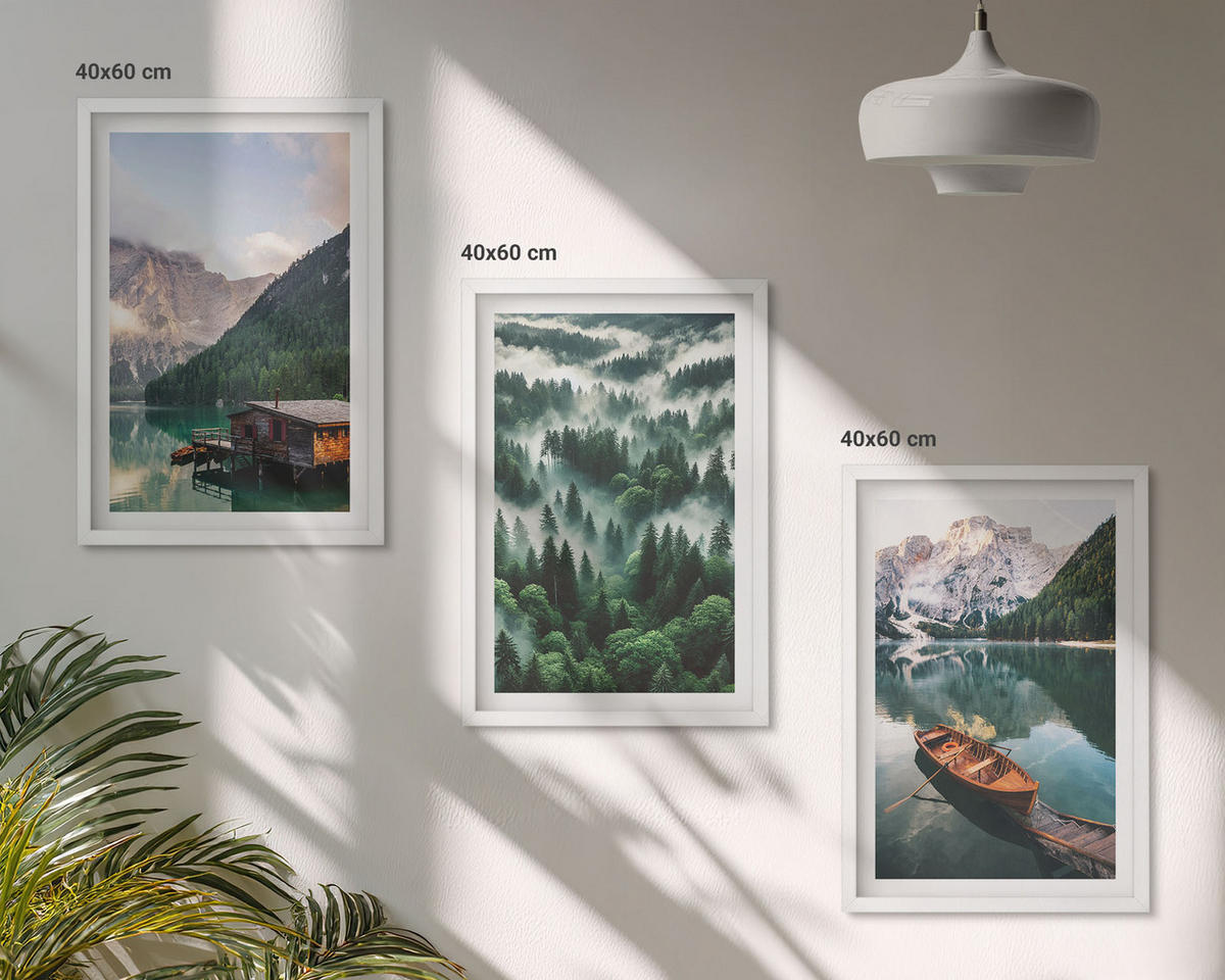 WANDBILDER 3er-Set - 40x60 cm Weißer Rahmen - Bergsee, Boot, Waldnebel - Weiß, Kunststoff (40/60cm) - ArtPrintCave