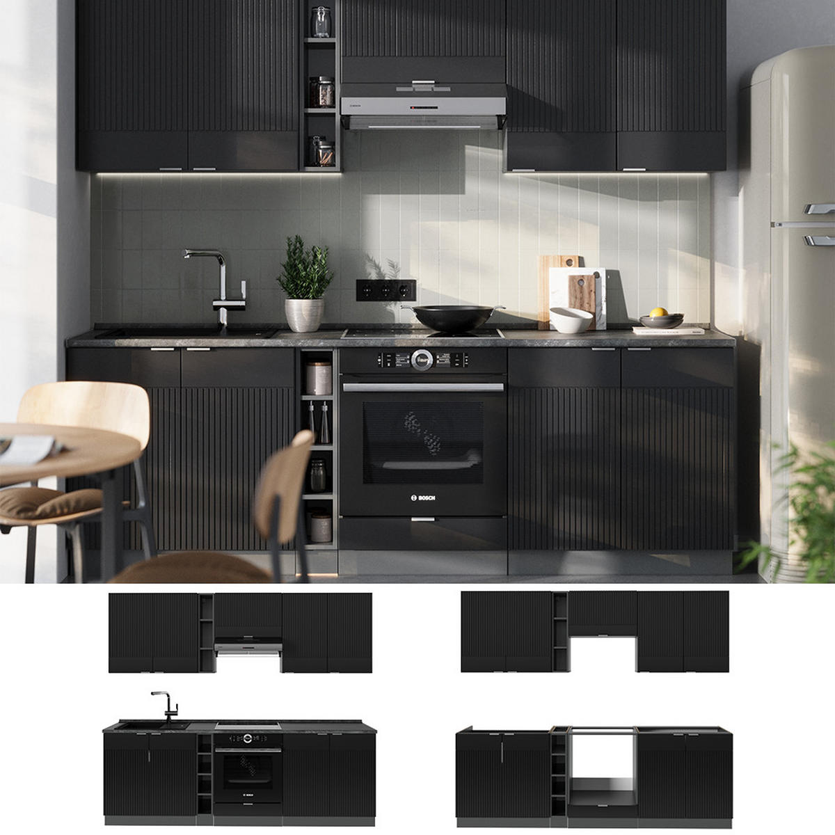 KÜCHENZEILE Fame-Line, Schwarz gestreift/Anthrazit, 235 cm, AP Marmor - Anthrazit/Schwarz, Holzwerkstoff (235/81.6/60cm) - Vicco