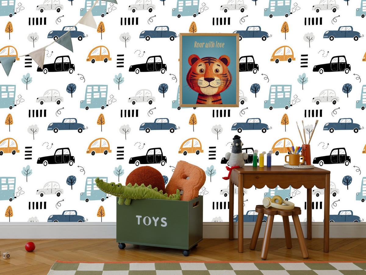 VLIESTAPETE Autos und Bäume – Blau, Gelb, Weiß – 50x1000 cm - Blau/Gelb, Papier (50/1000cm) - Muralo