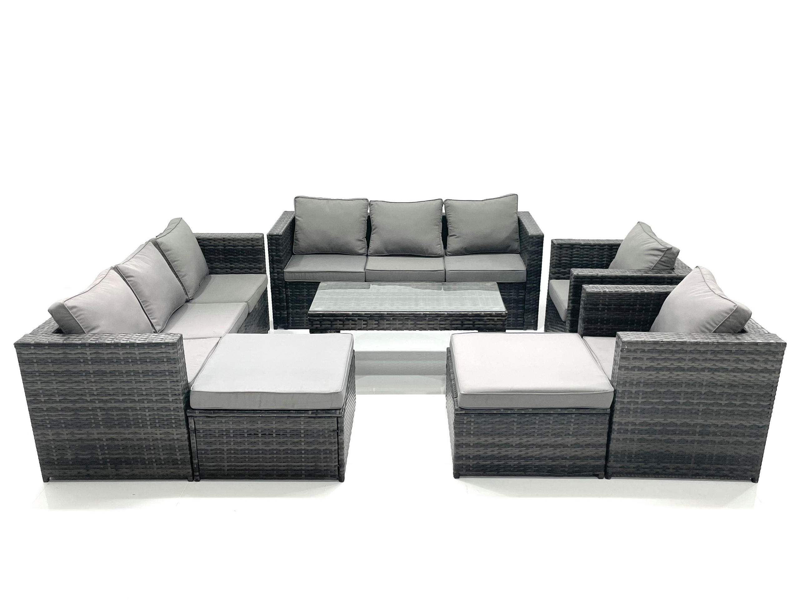 GARTENMÖBEL COUCHTISCH SET mit Sofa Polyrattan Outdoor 10-Sitzer - Dunkelgrau/Grau, Glas/Kunststoff - Fimous