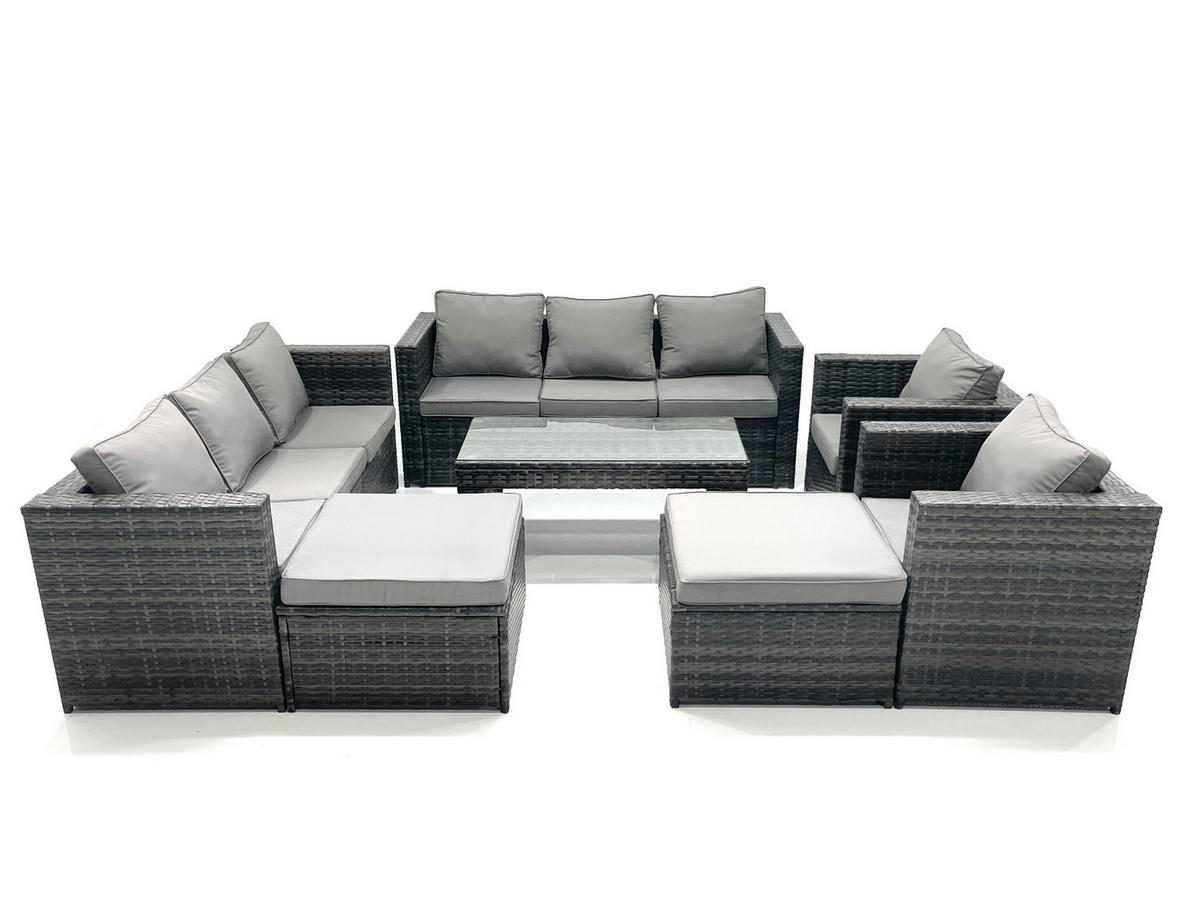 GARTENMÖBEL COUCHTISCH SET mit Sofa Polyrattan Outdoor 10-Sitzer - Dunkelgrau/Grau, Glas/Kunststoff - Fimous