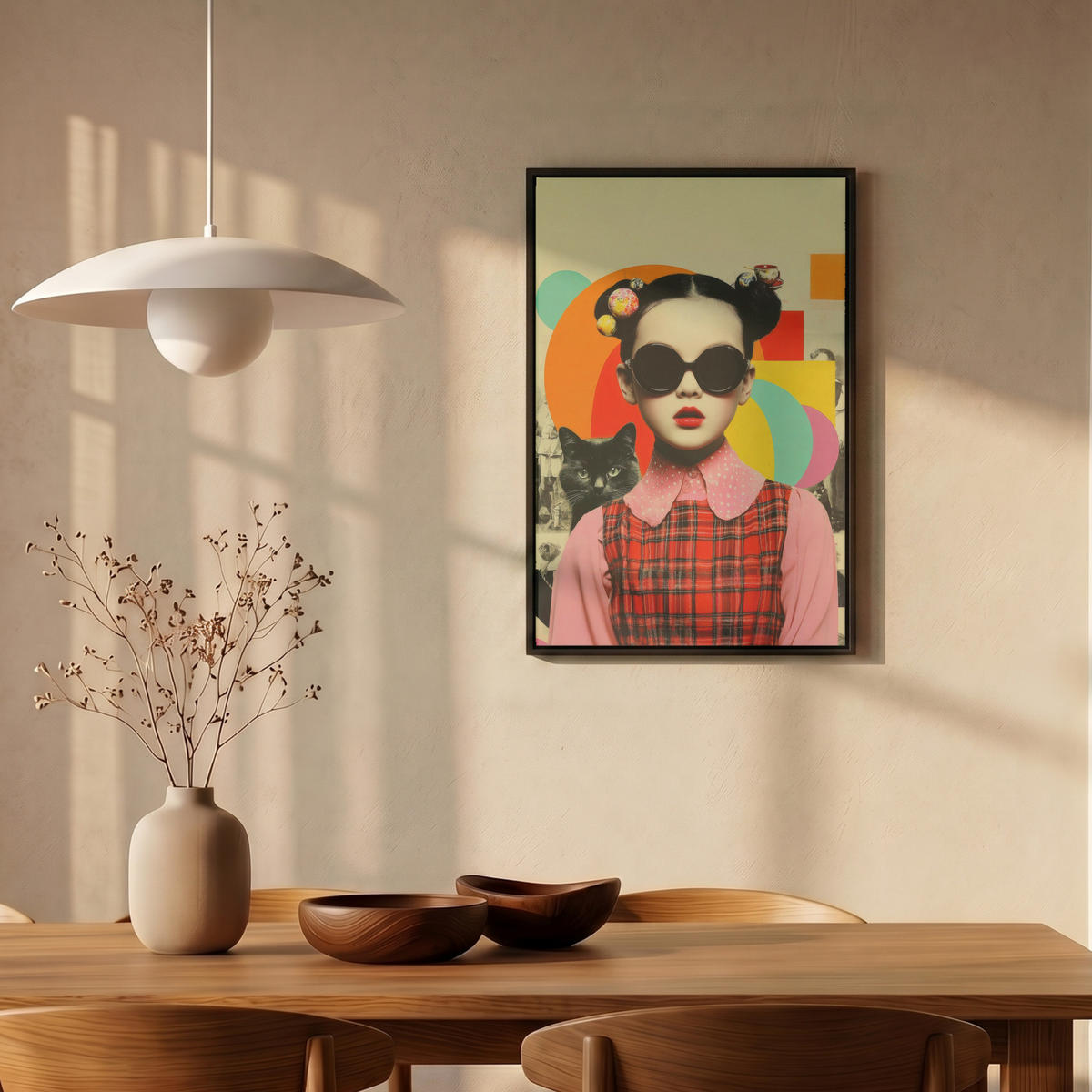 LEINWAND Bilder mit Rahmen - Mädchen - Sonnenbrille - Katze - Retro - 40x60 - Beige, Textil (40/60cm) - MuchoWow