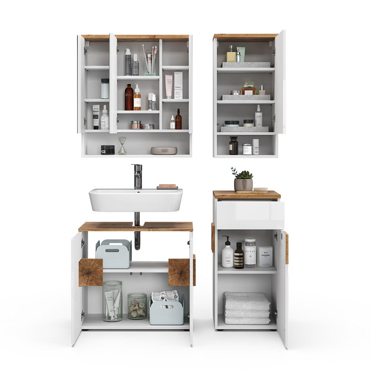 BADMÖBEL-SET Eden Weiß 4 Teile - Weiß/Eiche Artisan, Holzwerkstoff (73/64/37cm) - Vicco