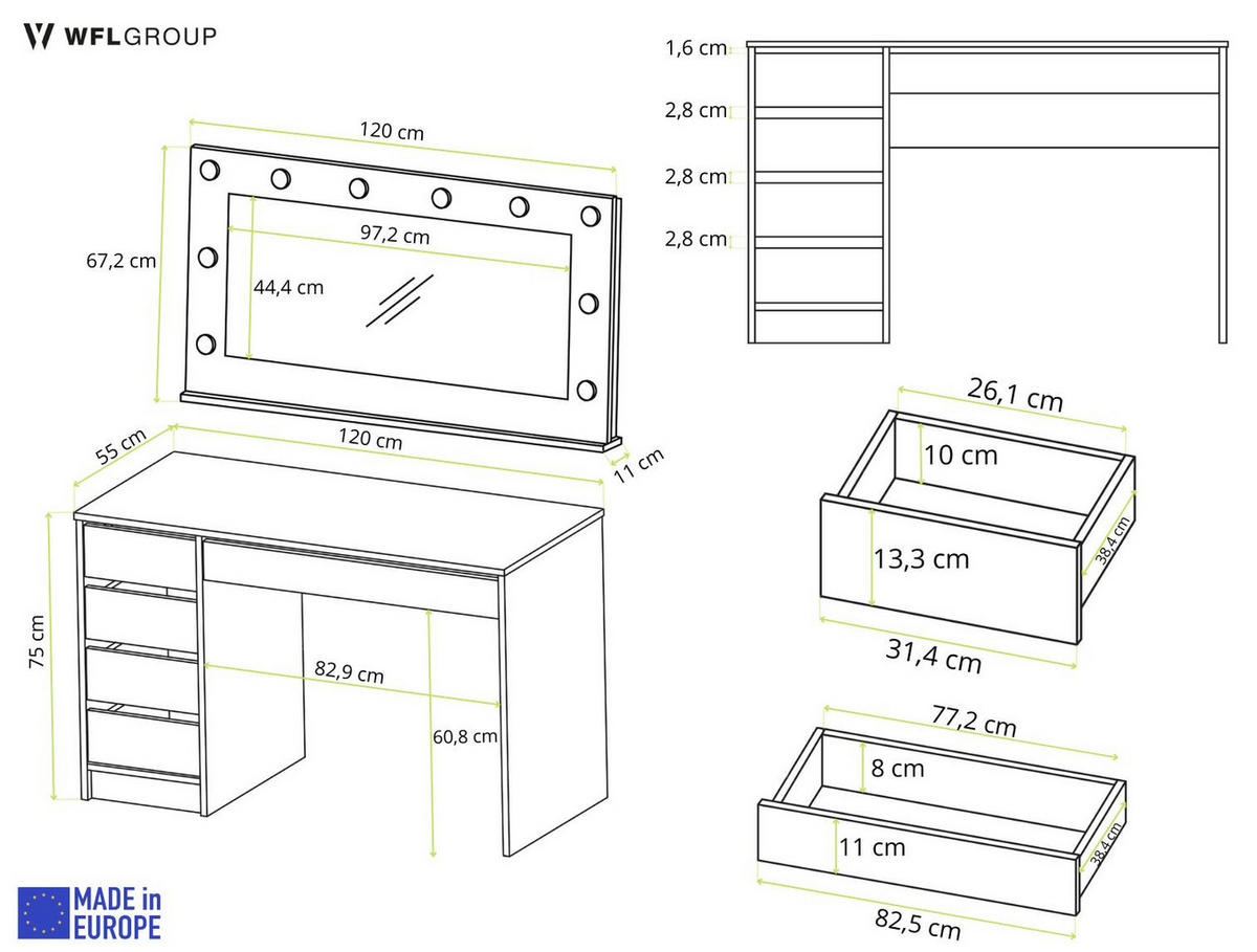 SCHMINKTISCH Claris Weiß Hochglanz 120/55/75 mit LED Spiegel 120/67/11 cm - Weiß Hochglanz, Holzwerkstoff (120/75/55cm) - WFL GROUP