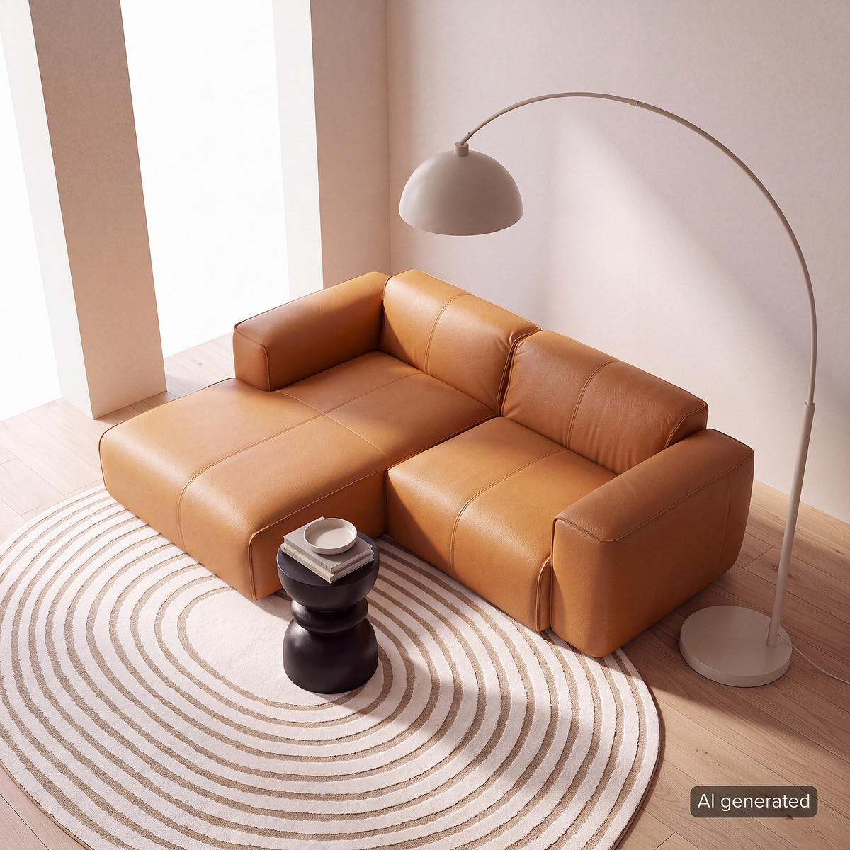ECKSOFA mit XL-Longchair - Cognac/Schwarz, Leder/Kunststoff (260/171cm) - home24
