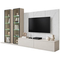 WOHNWAND kaschmir, Marmor weiß 300 cm, Anbauwand mit Wandpaneel, Beleuchtung, Push-to-Open - Kaschmir/Schwarz, Glas/Holzwerkstoff (300/175/45cm) - Inn.Furn