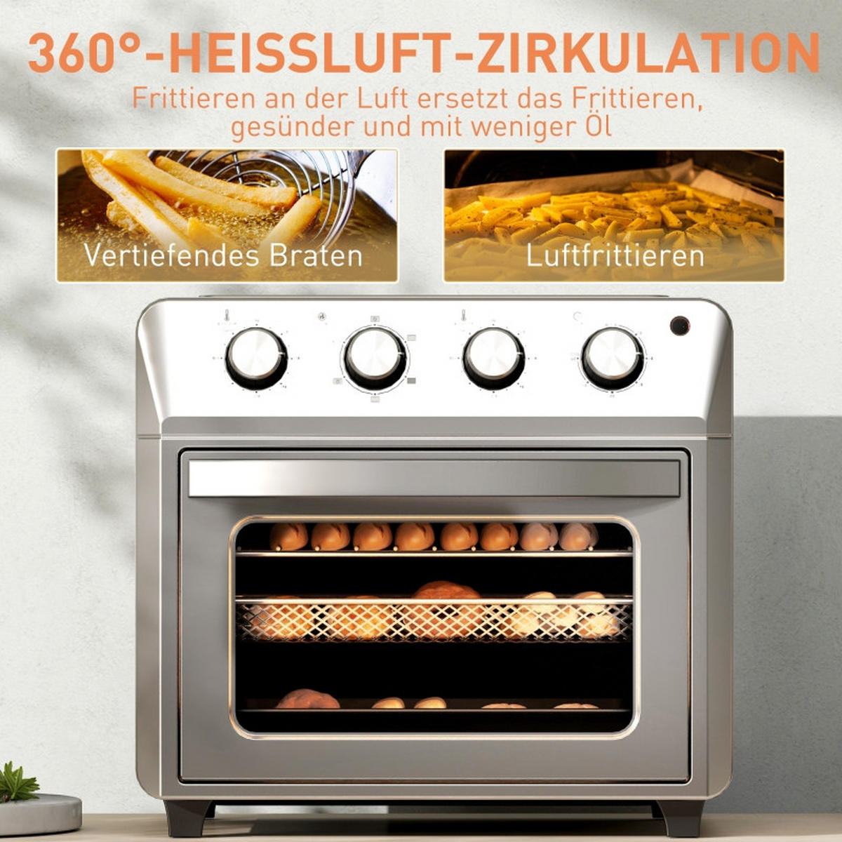 MINIBACKOFEN 24L mit Umluft, 6 Heizmodi Mini Ofen mit Backblech & Grillrost, Heißluftfritteuse Funktion, Silber - Silberfarben, Metall (40.6/36.8/39cm) - Beaface