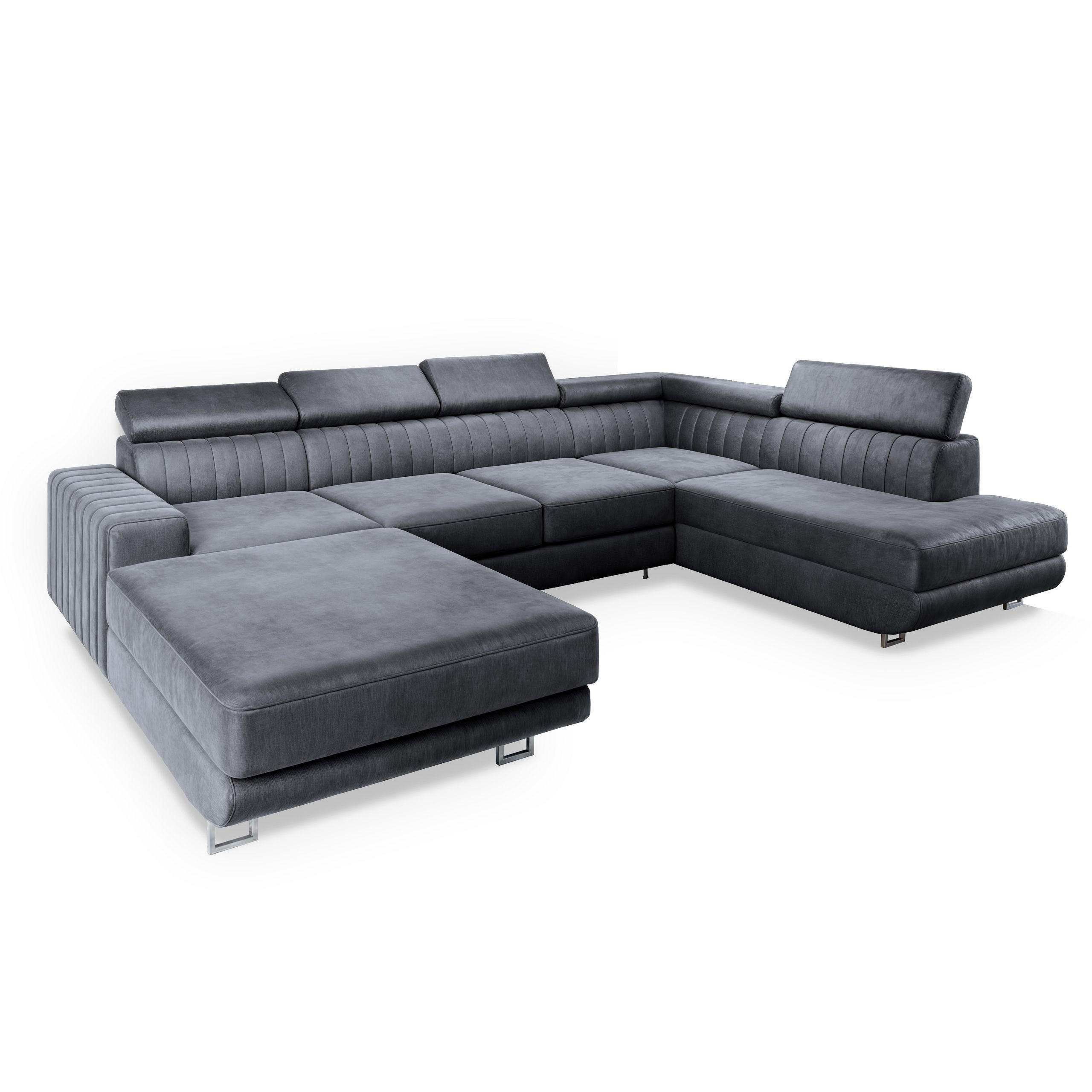 WOHNLANDSCHAFT SIENA R-S Grau Velours-Stoff mit Schlaffunktion - Grau, Holz (335/89/190cm) - MASSENO