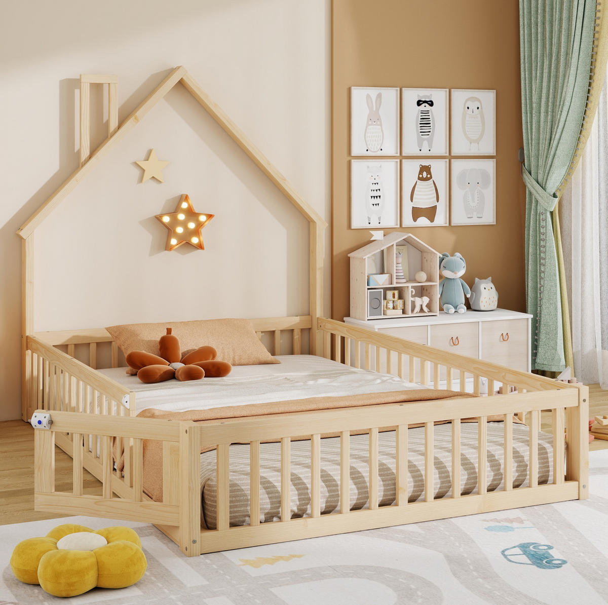 HAUSBETT 140/190 cm aus Kiefernholz – mit Schornsteinform und Sicherheitsgitter - Naturfarben, Holzwerkstoff (140/190cm) - BEAOK
