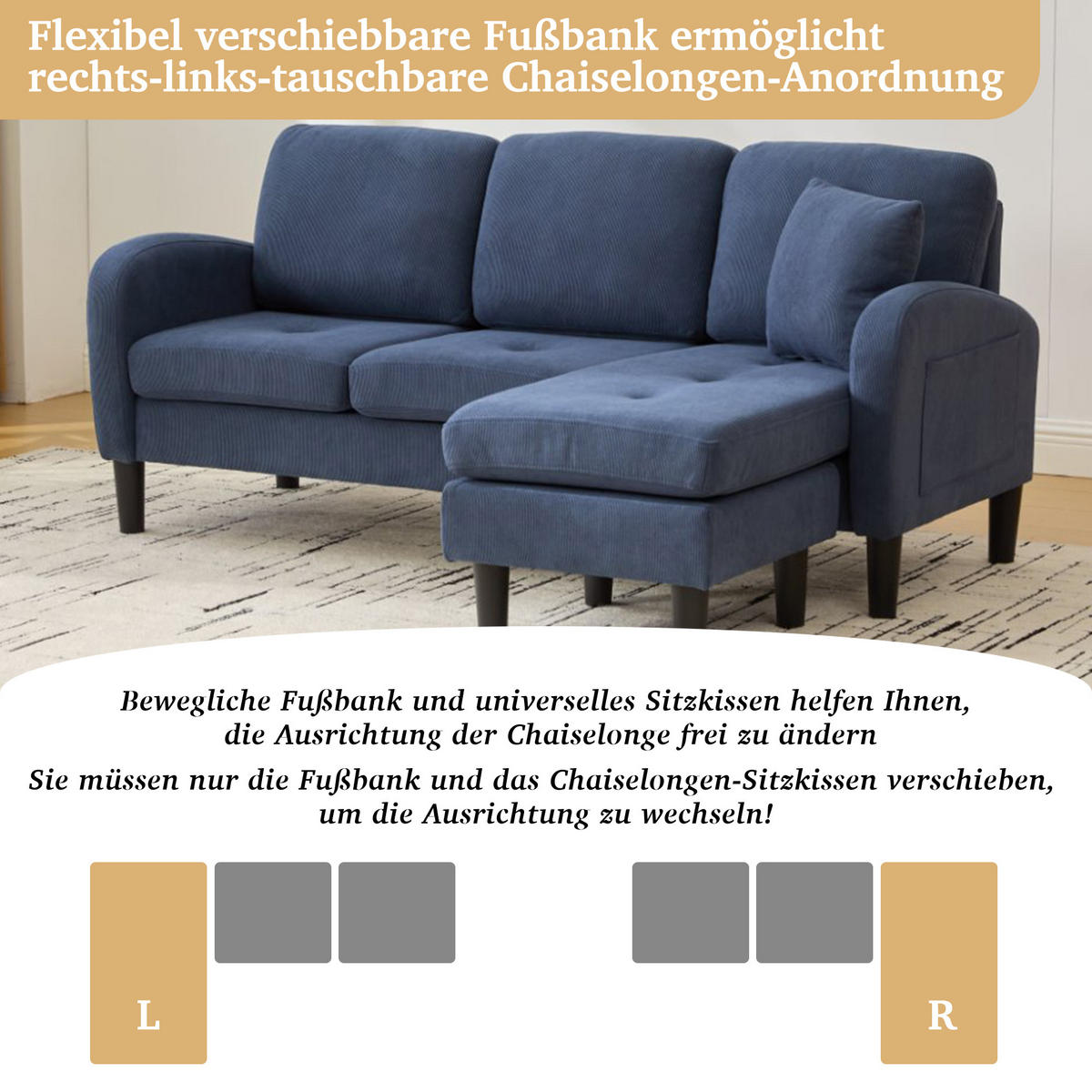 ECKSOFA L-Form Cord mit modularer Chaiselongue Blau 166/118/77 cm - Blau, Textil (166/118cm) - Redom