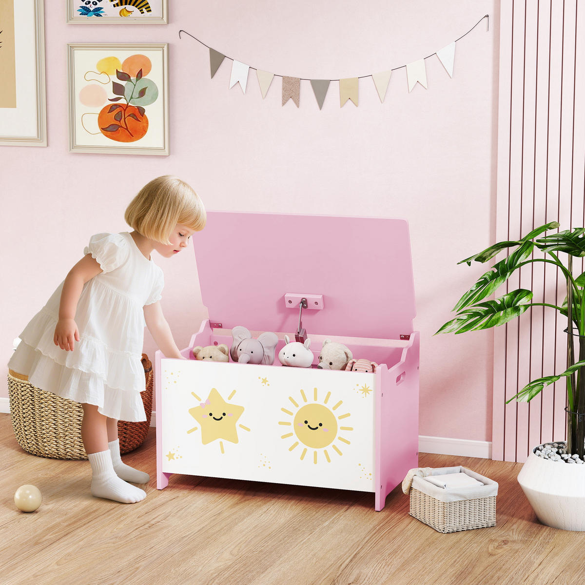 SPIELZEUGTRUHE DE-17257 mit Sicherheitsdeckel & Gasdruckdämpfer Rosa - Pink, Holzwerkstoff (37/60cm) - ComfortXL
