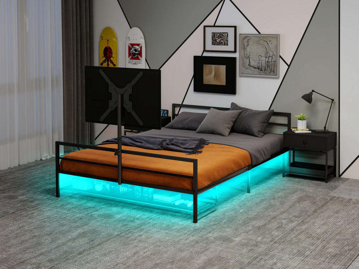 METALLBETT 90/200 cm Schwarz mit LED-Beleuchtung und Unterbett-Aufbewahrungskörben - Schwarz, Metall (90/200cm) - Oxeza