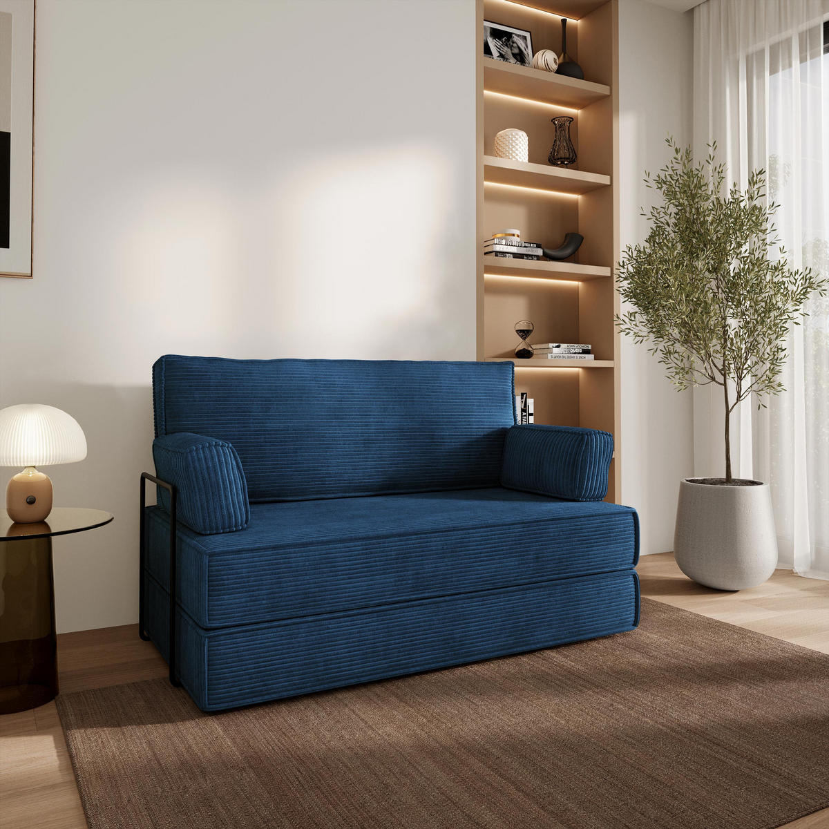 BETTSOFA LADIA aus Schaumstoff Cordstoff Blau Schlaffunktion - Blau, Textil (140/86/60cm) - MASSENO
