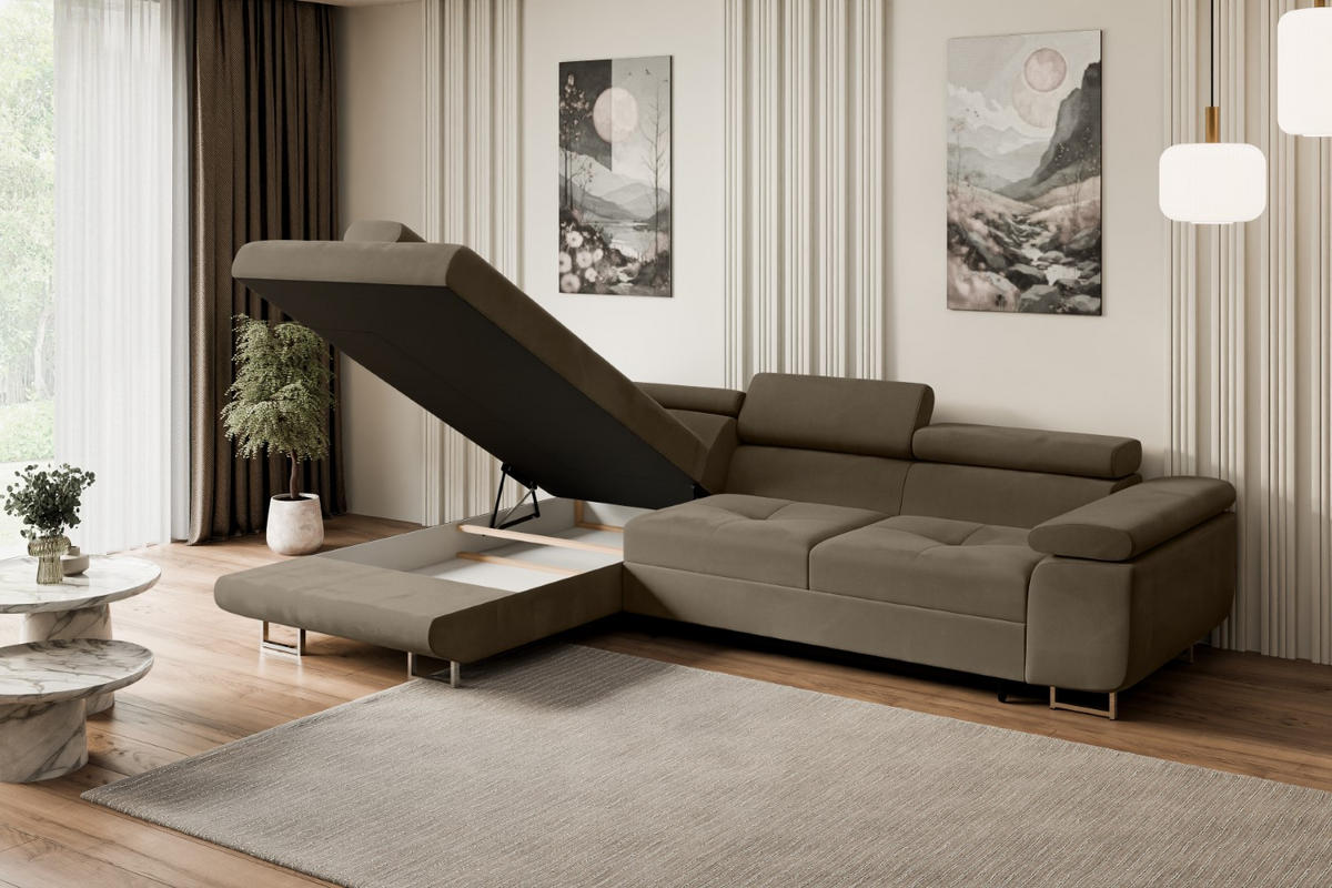 ECKSOFA mit Schlaffunktion und Bettkasten GUSA-L 272x202x107 cm Braun Velours - Silberfarben/Braun, Holzwerkstoff/Textil (202/272cm) - ALTDECOR
