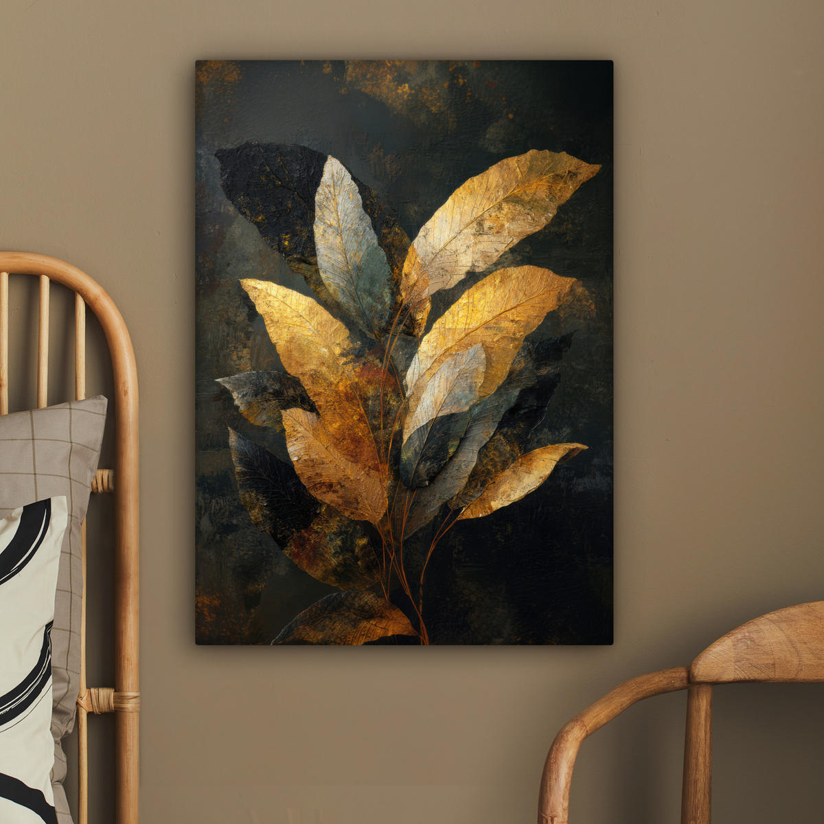 LEINWANDBILD Golden Leaf Komposition - Botanical Luxury Wandbild Wohnzimmer 60x80 cm - Goldfarben/Schwarz, Textil (60/80cm) - MuchoWow
