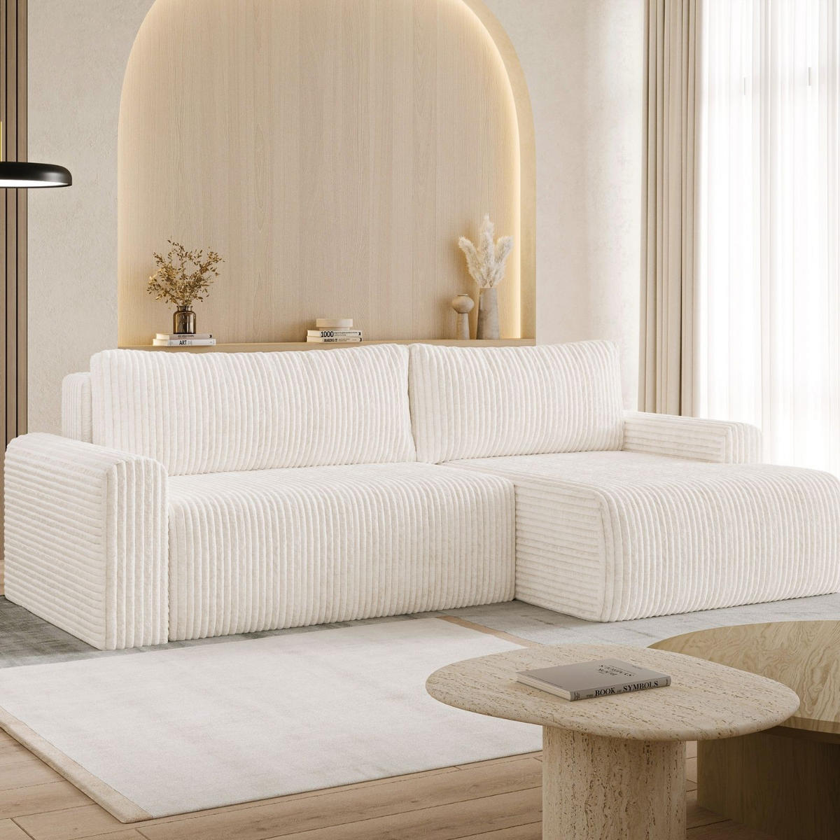 ECKSOFA MILO LARGE mit Schlaffunktion, Bettkasten und Cordbezug, Rechts -TILIA 01 (cremeweiß) - Creme, Holz (270/142cm) - Dekori_Interiors