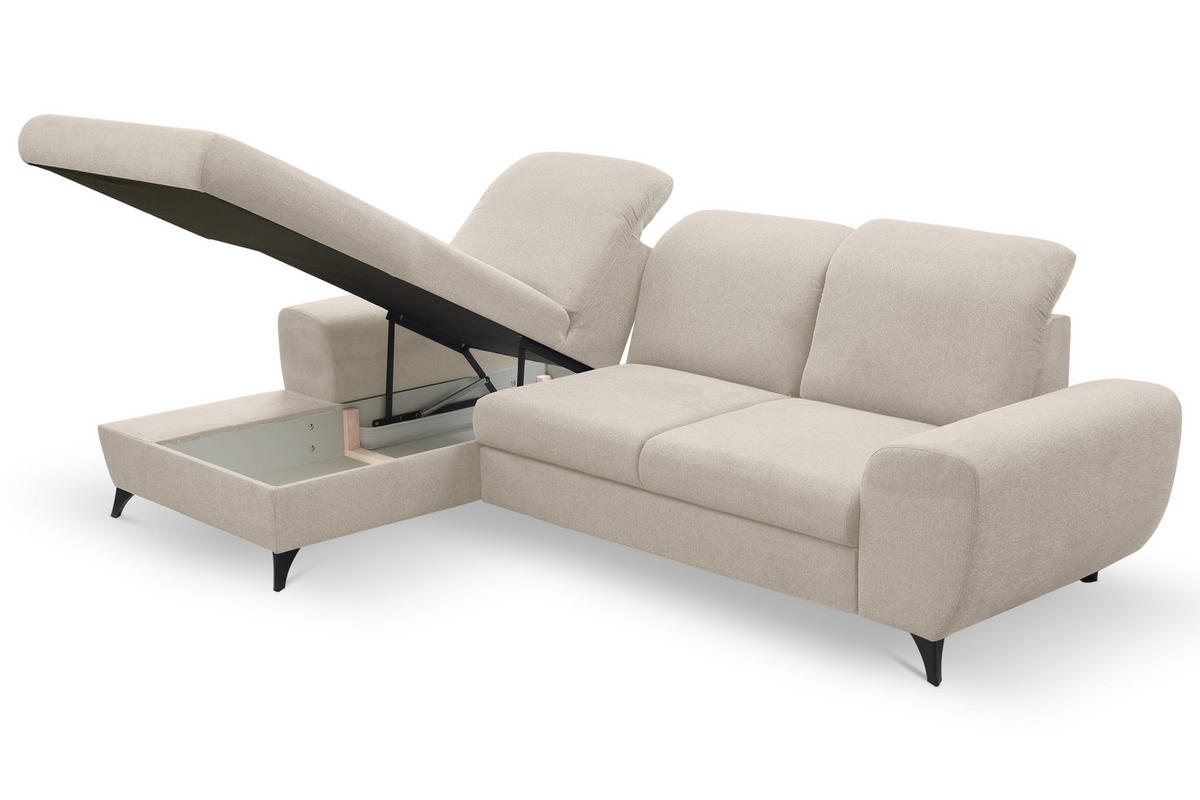 ECKSOFA LUCE L-S Creme Plüsch-Stoff mit Schlaffunktion - Creme, Holz (279/172cm) - MASSENO