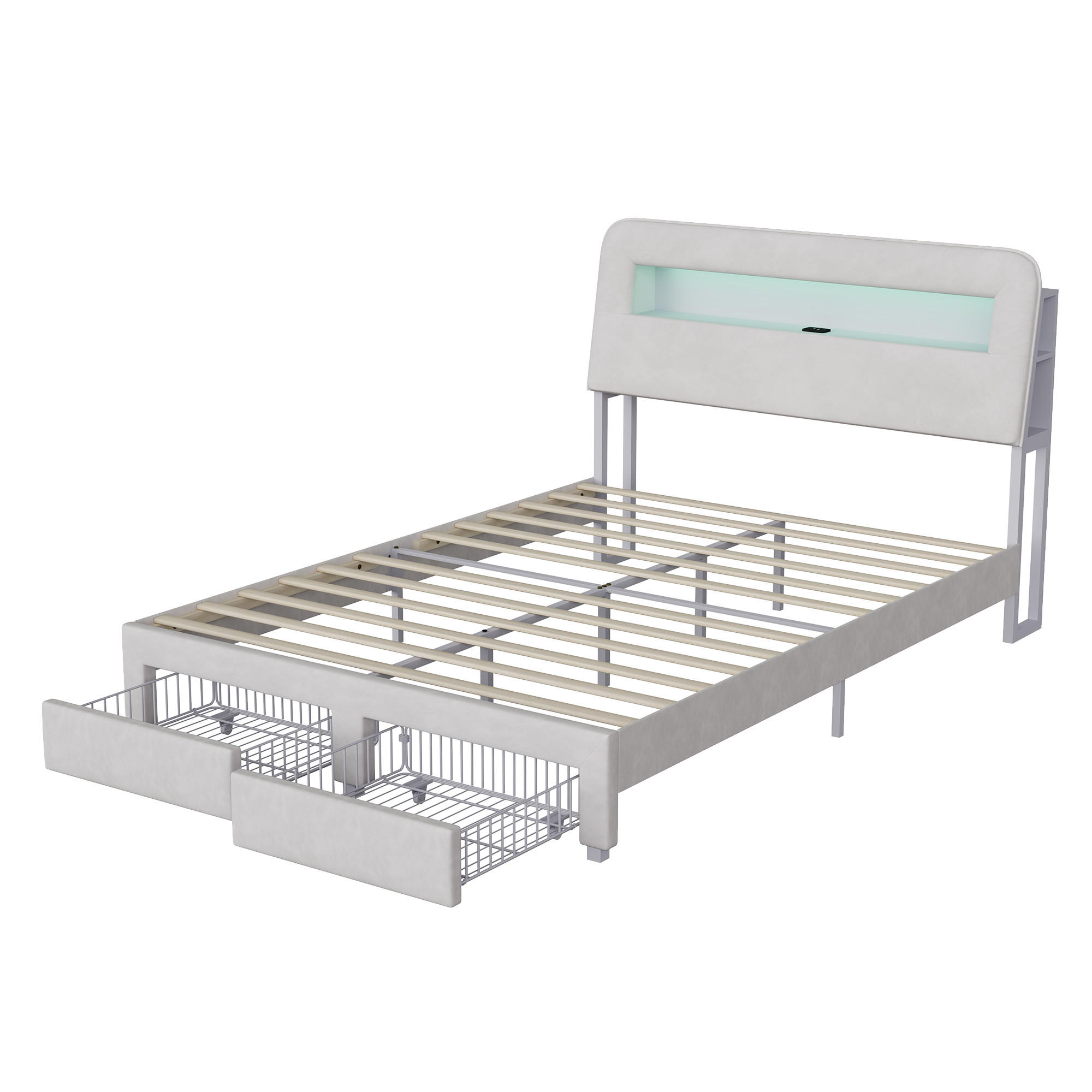 POLSTERBETT 140x200 cm LED USB Stauraum Kopfteil 2 Schubladen beige - Beige, Holz (140/200cm) - LEBENLANG