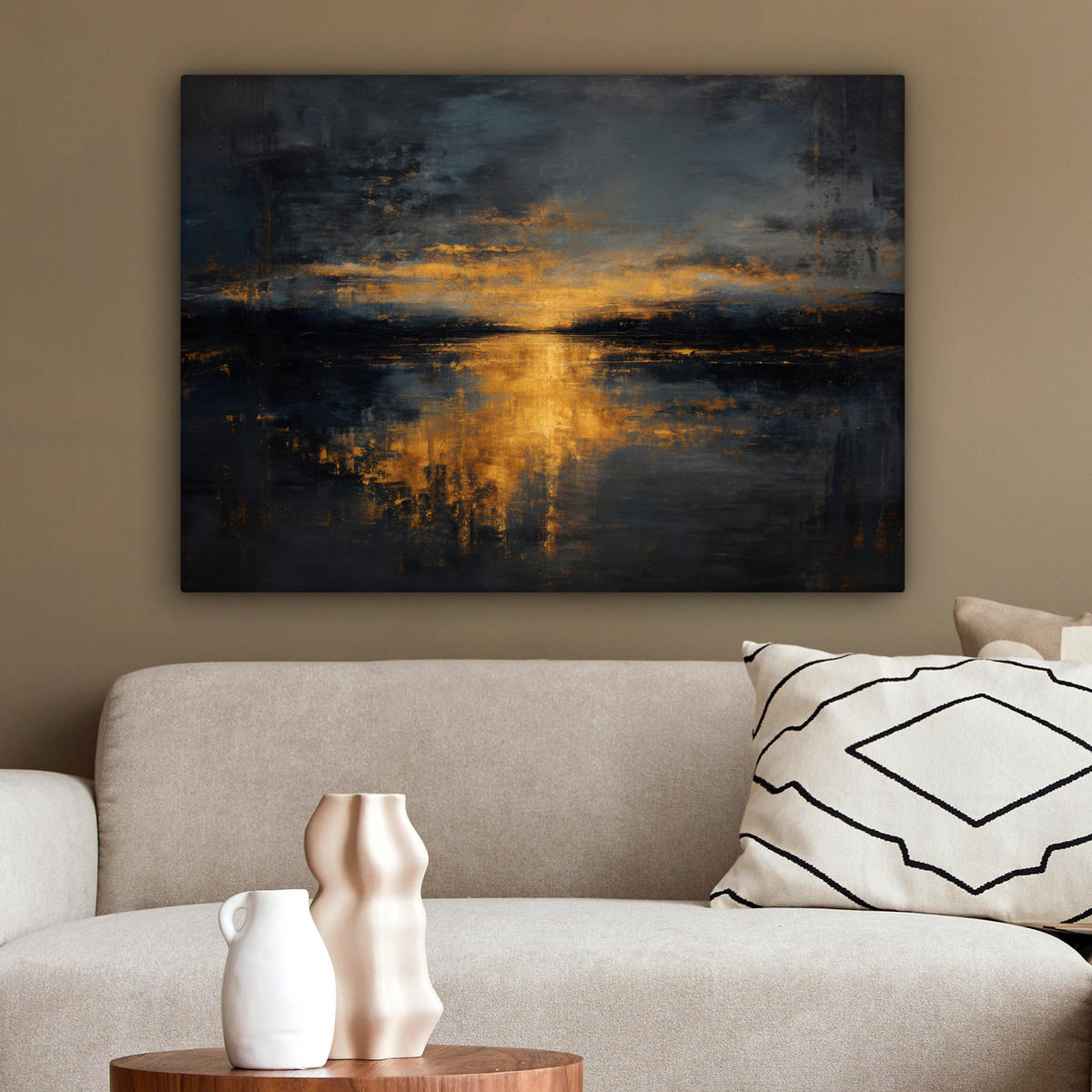 LEINWANDBILD Goldene Reflexion auf dem Wasser Wandbilder 80x60 cm - Anthrazit, Textil (80/60cm) - MuchoWow