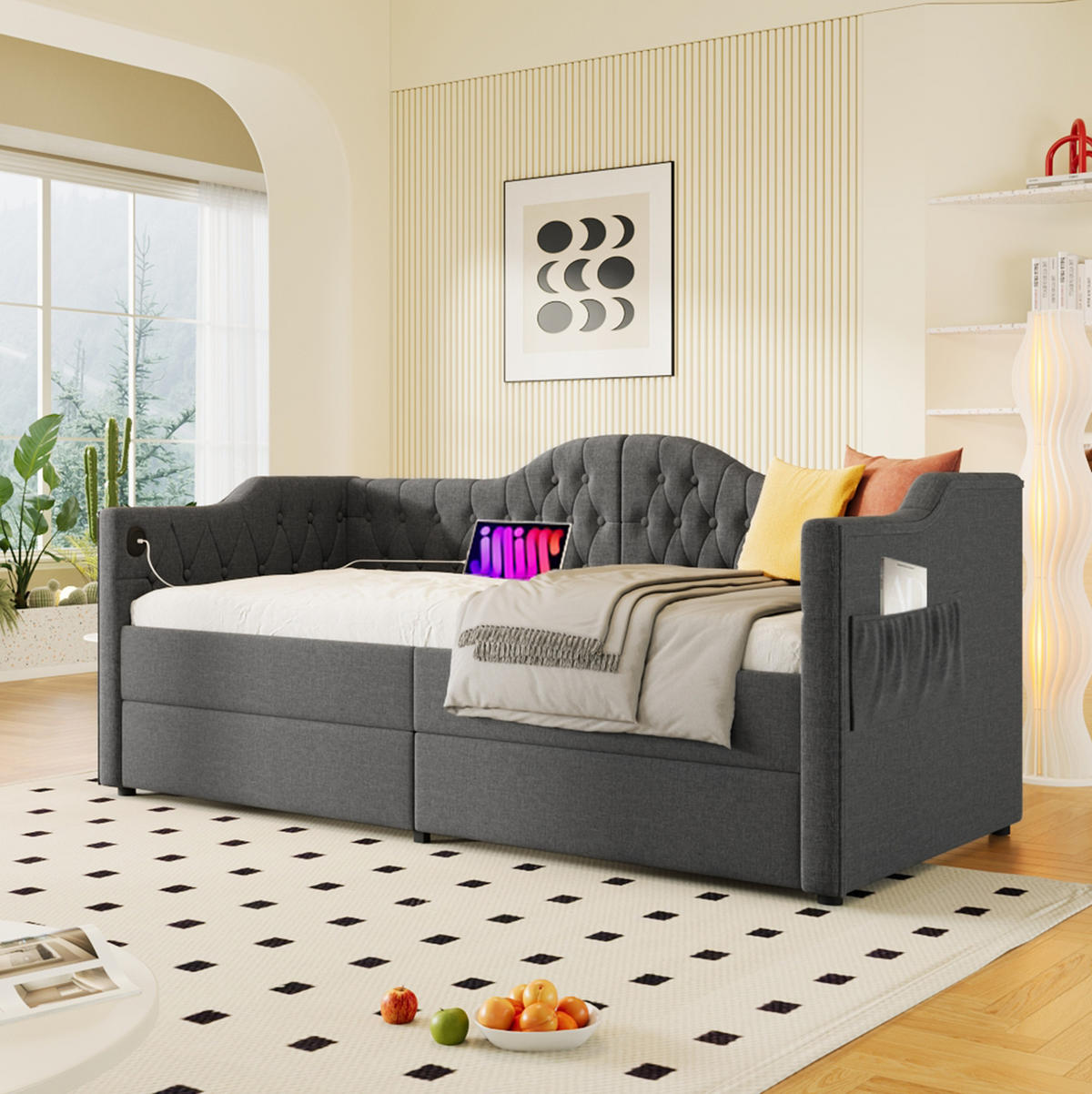 POLSTERBETT 90/190 cm Grau mit USB- und Type-C-Anschlüssen und 2 Schubladen - Grau, Textil (90/190cm) - OKWISH