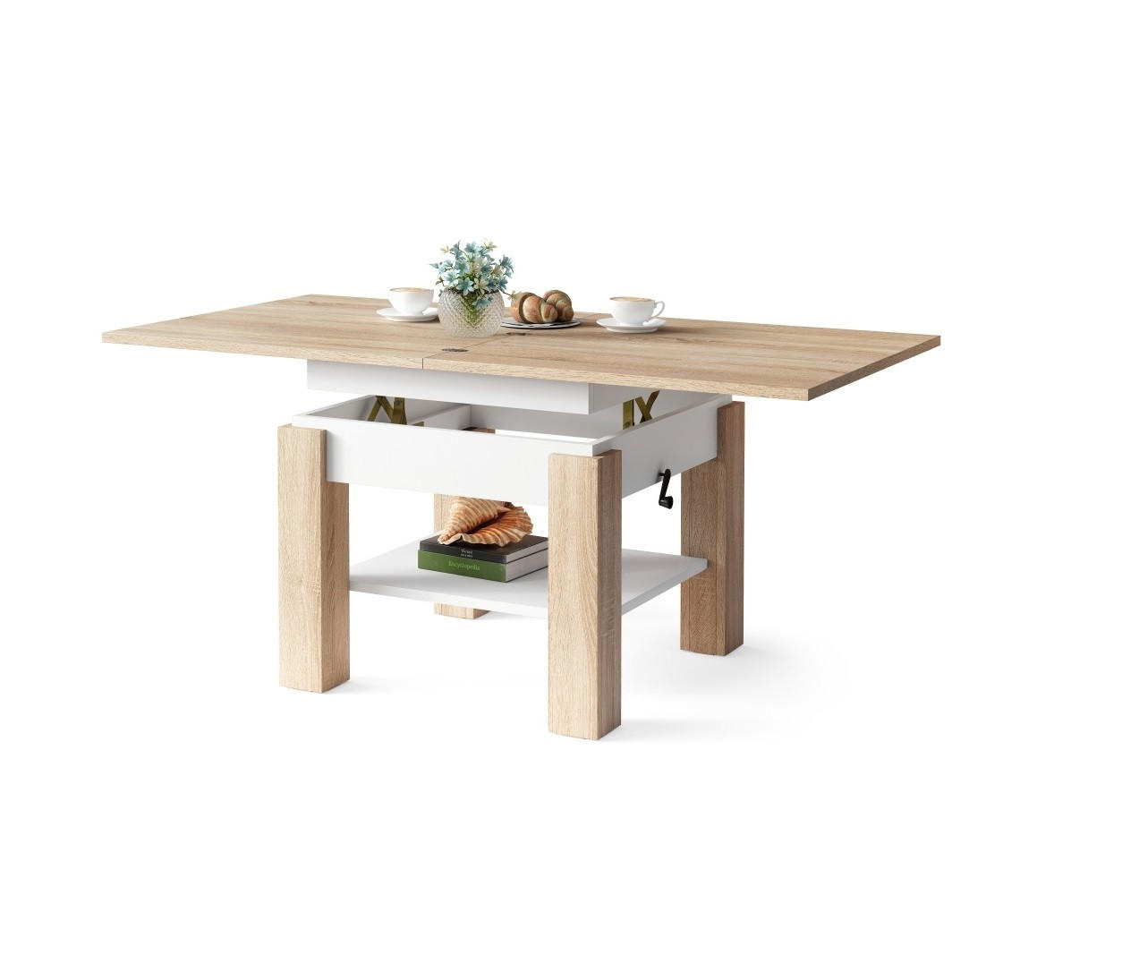 COUCHTISCH quadratisch aufklappbar höhenverstellbar 70/75/69 cm - Weiß/Sonoma Eiche, Holzwerkstoff (75/70/57cm) - designimpex