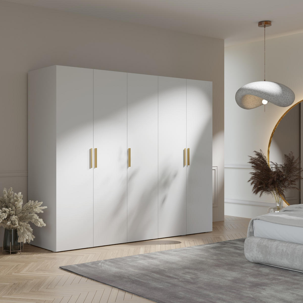 DREHTÜRENSCHRANK Napoli 5D 250 Weiß (schwarzer oder goldener Griff) - Silberfarben/Schwarz, Holzwerkstoff/Kunststoff (250/35/60cm) - mzm24