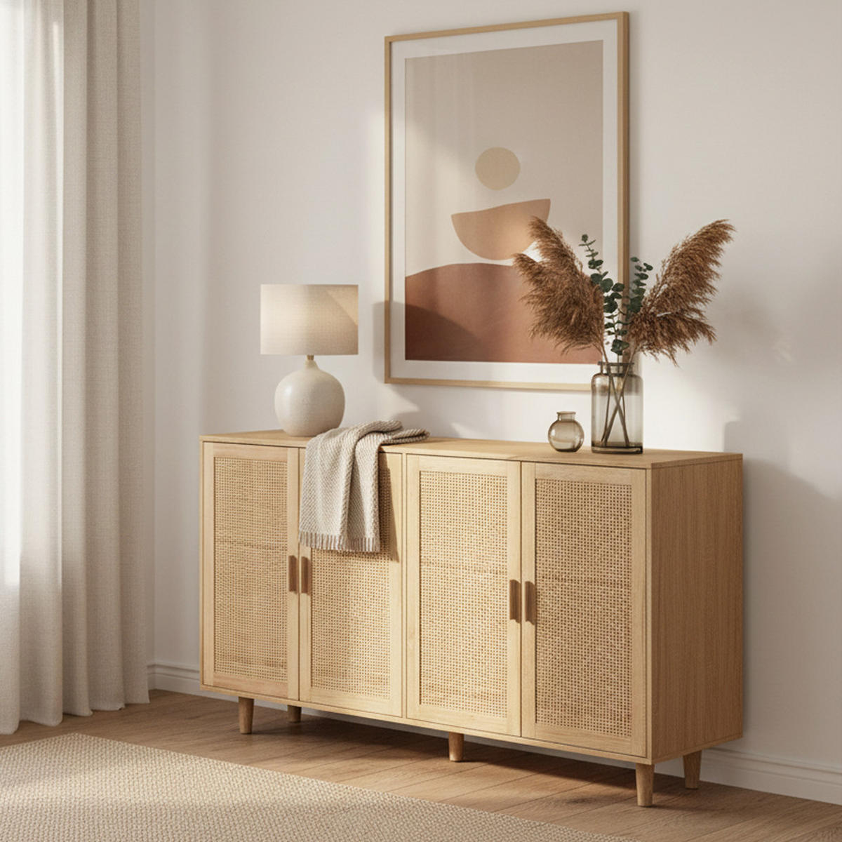 SIDEBOARD Rattanoptik Natur mit 4 Türen & Massivholzbeinen - Eiche San Remo, Holzwerkstoff (158/88/40cm) - Urban Meuble
