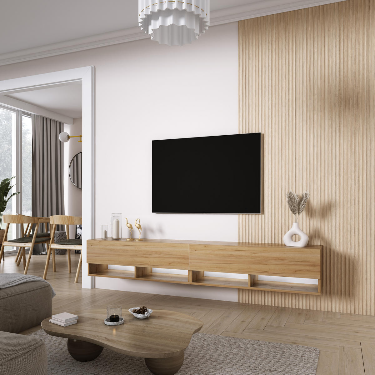 TV-LOWBOARD 200 (2 x 100) cm Eiche Craft, weiße LED, 200 × 32 × 34 cm - Braun, Holzwerkstoff (200/33.6/32cm) - 3XE LIVING