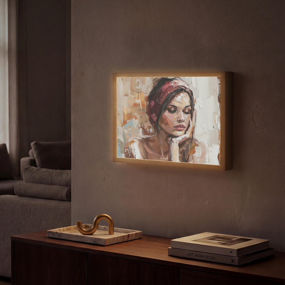 NÁSTĚNNÁ LAMPA S AKUMULÁTOREM Žena - vzhled malby - portrét - moderní 40x30 cm - hnědá, kompozitní dřevo (40/30/8cm) - OnlyWow