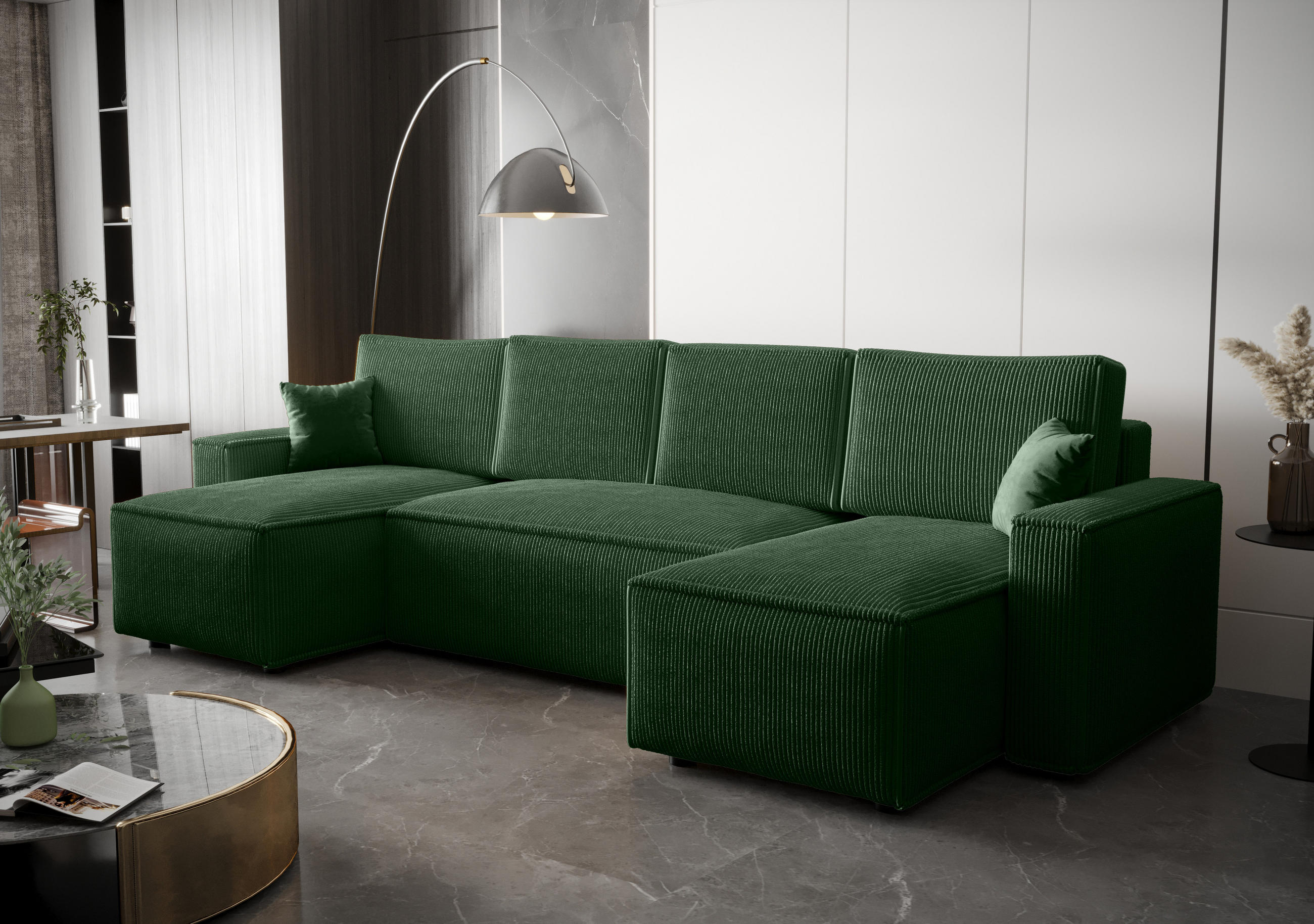 WOHNLANDSCHAFT U AMBRO Poso 14 mit Schlaffunktion U-Form, Sofa mit Stauraum - Grün, Textil (300/85/143cm) - Bedante