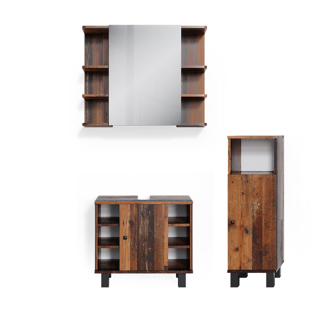 BADMÖBEL-SET Fynn Eiche rustikal 3 Teile, mit Midischrank - Wildeiche, Holzwerkstoff (60/54/32cm) - Vicco
