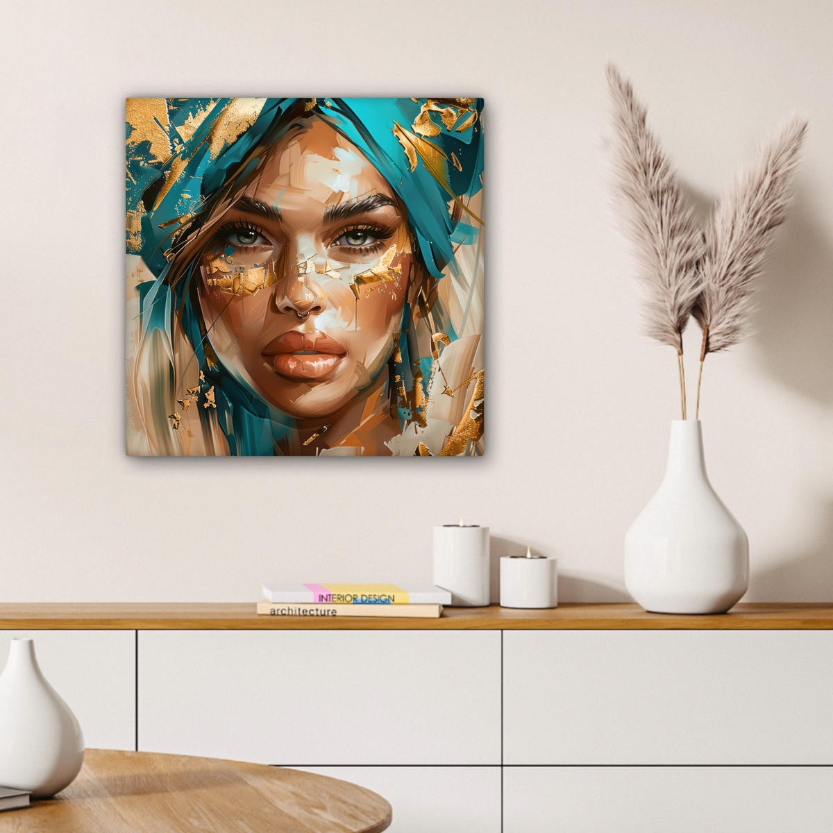 OBRAZ NA PLÁTNE Žena - Portrét - Zlato - Luxus - Modrá 50x50 cm - tyrkysová, textil (50/50cm) - MuchoWow