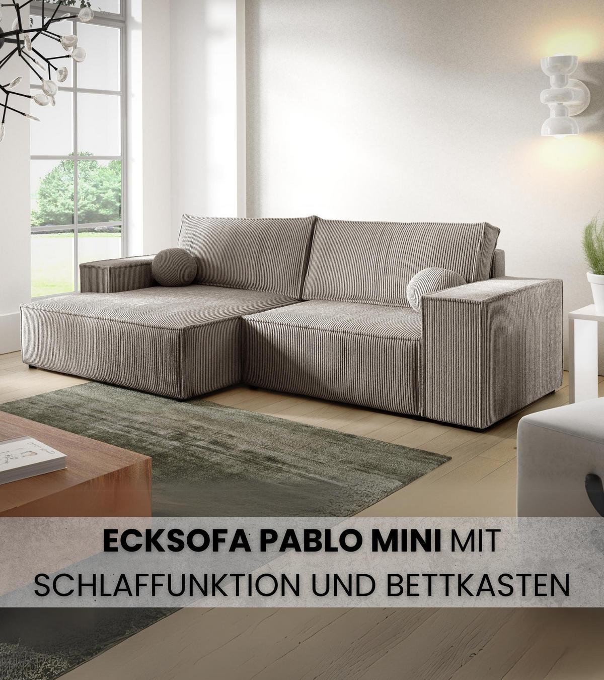 ECKSOFA Pablo Mini mit Schlaffunktion Beige Cord - Beige, Textil (255/148cm) - Bromarkt