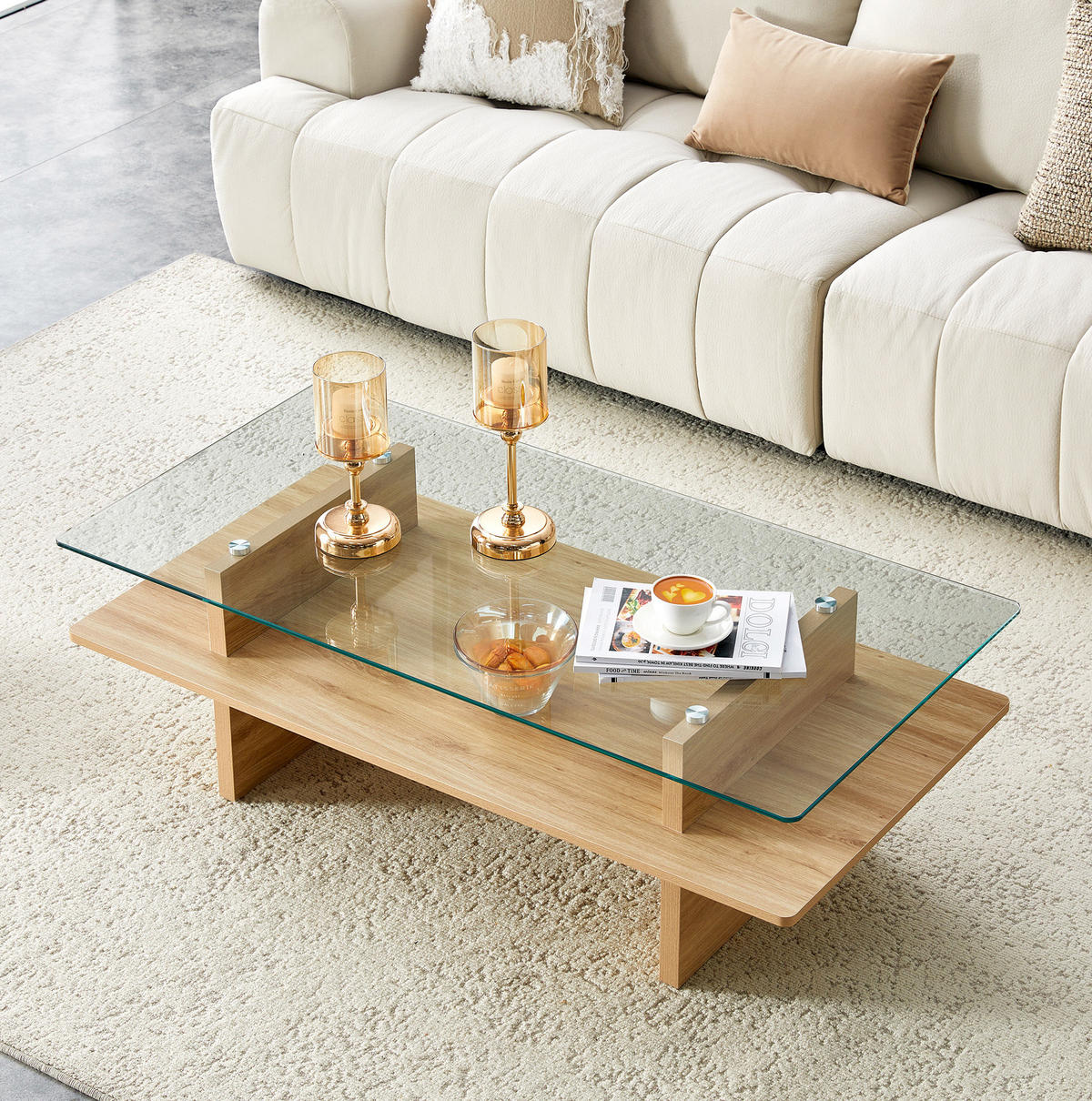 COUCHTISCH aus MDF und gehärtetem Glas in Naturfarben mit 2 Ablagen - Naturfarben, Holzwerkstoff (115/55/40cm) - Modfu