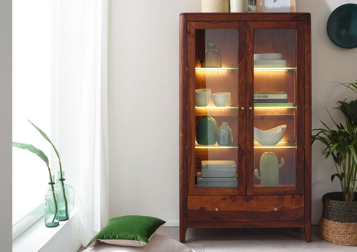VITRINE Sheesham 100x40x178 walnuss geölt BROOKLYN #27 - Dunkelbraun, Holz (100/178/40cm) - Massivmoebel24