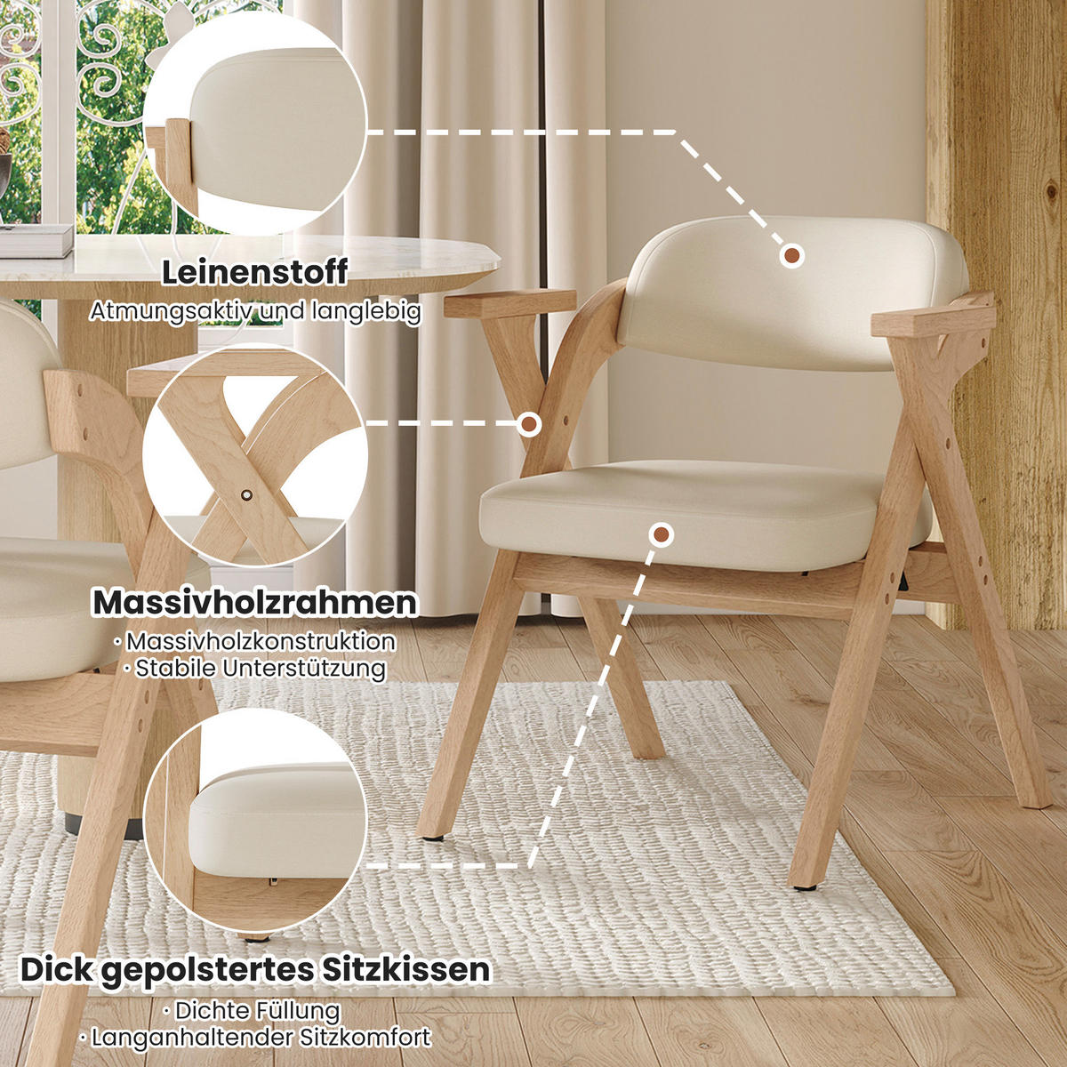 ESSTUHL 2er-Set Beige klappbar aus Massivholz mit Armlehnen - Beige, Holz (64.5/76/66.5cm) - PANGIVO