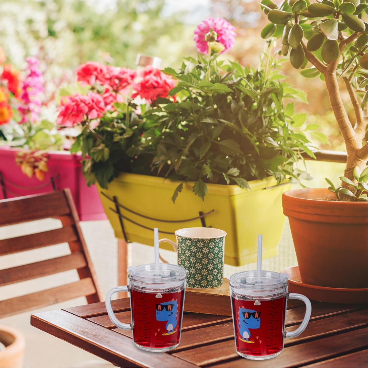 GLAS Transparent Blå 2-pack dinosauriemotiv 400 ml - Transparent, Glas/Plast (0.4L) - Relaxdays