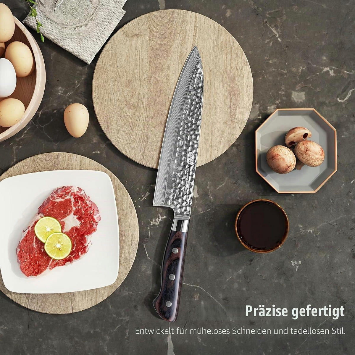 KOCHMESSER Damaststahl 20 cm gehämmerte Klinge Pakkaholzgriff - Schwarz, Metall (34cm)