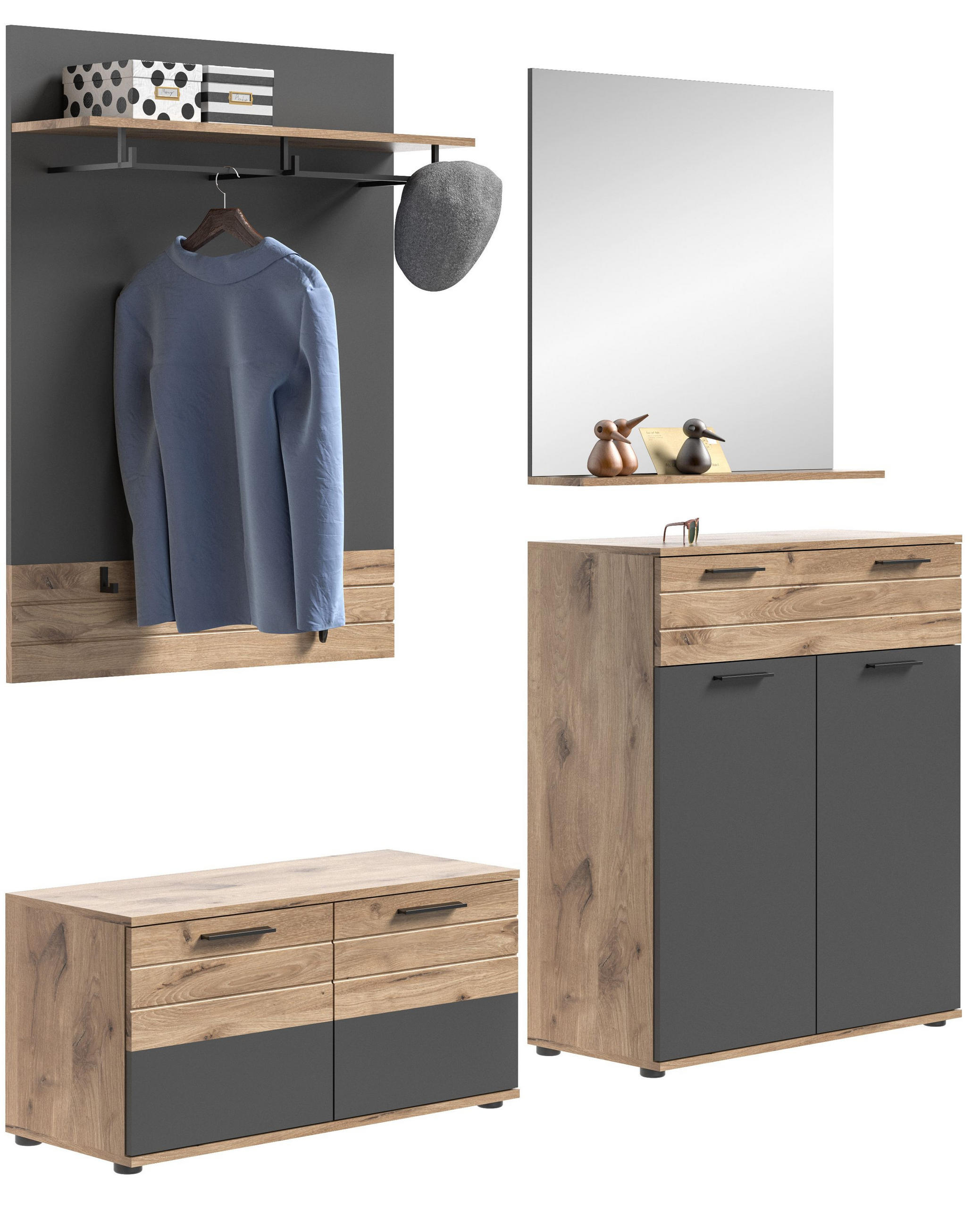 GARDEROBEN-SET MASON 4-tlg. (B/H/T: ca. 195/200/38 cm) in Nox Oak Nachbildung/Basalt grau - Eichefarben, Holzwerkstoff (195/200/38cm)