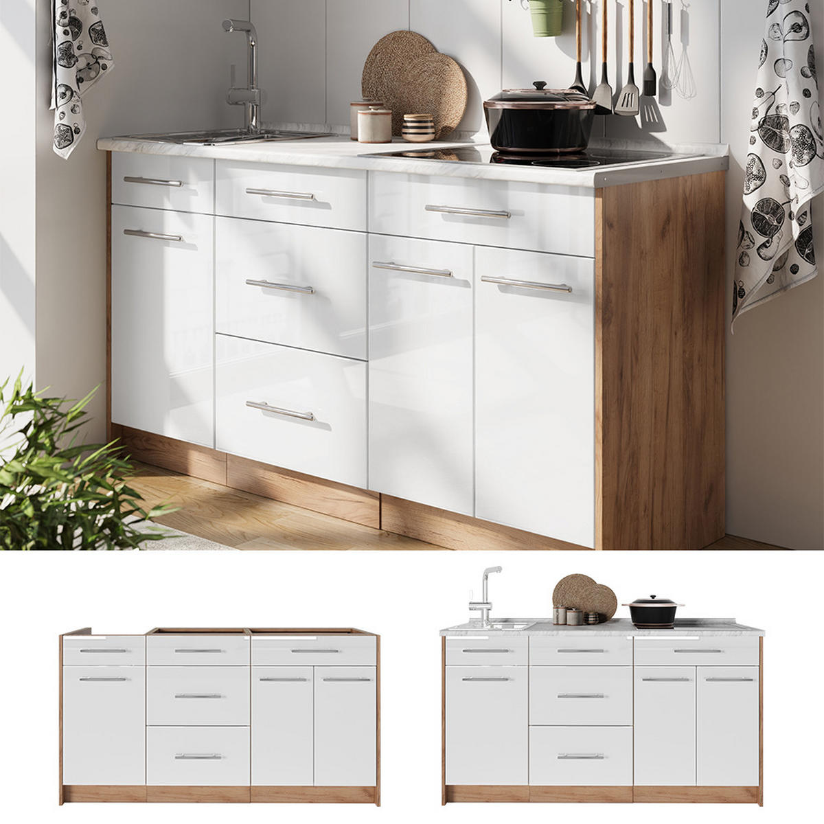 KUCHYNSKÝ BLOK Fame-Line, Biely vysoký lesk, 150 cm, AP Marble - biela s vysokým leskom/dub medový, kompozitné drevo (150/82/60cm) - Vicco