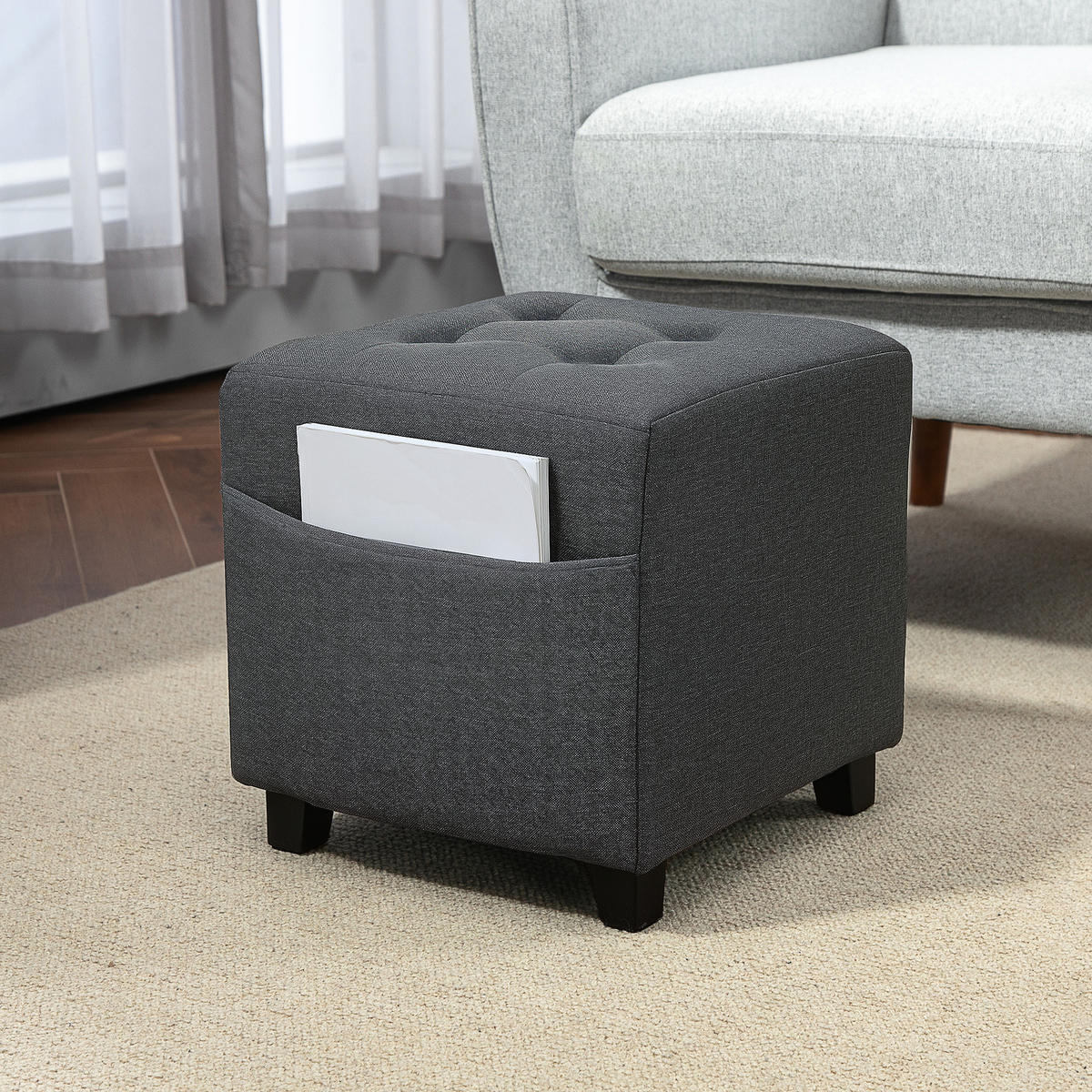 HOCKER DE-16456 mit Seitentasche und Knopfheftung Grau - Grau, Holzwerkstoff (35/35/35cm) - ComfortXL