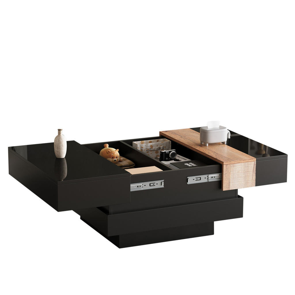 OKWISH KONFERENČNÍ stolek 70/70/39 cm černý z MDF s výsuvnou deskou a skrytým úložným prostorem