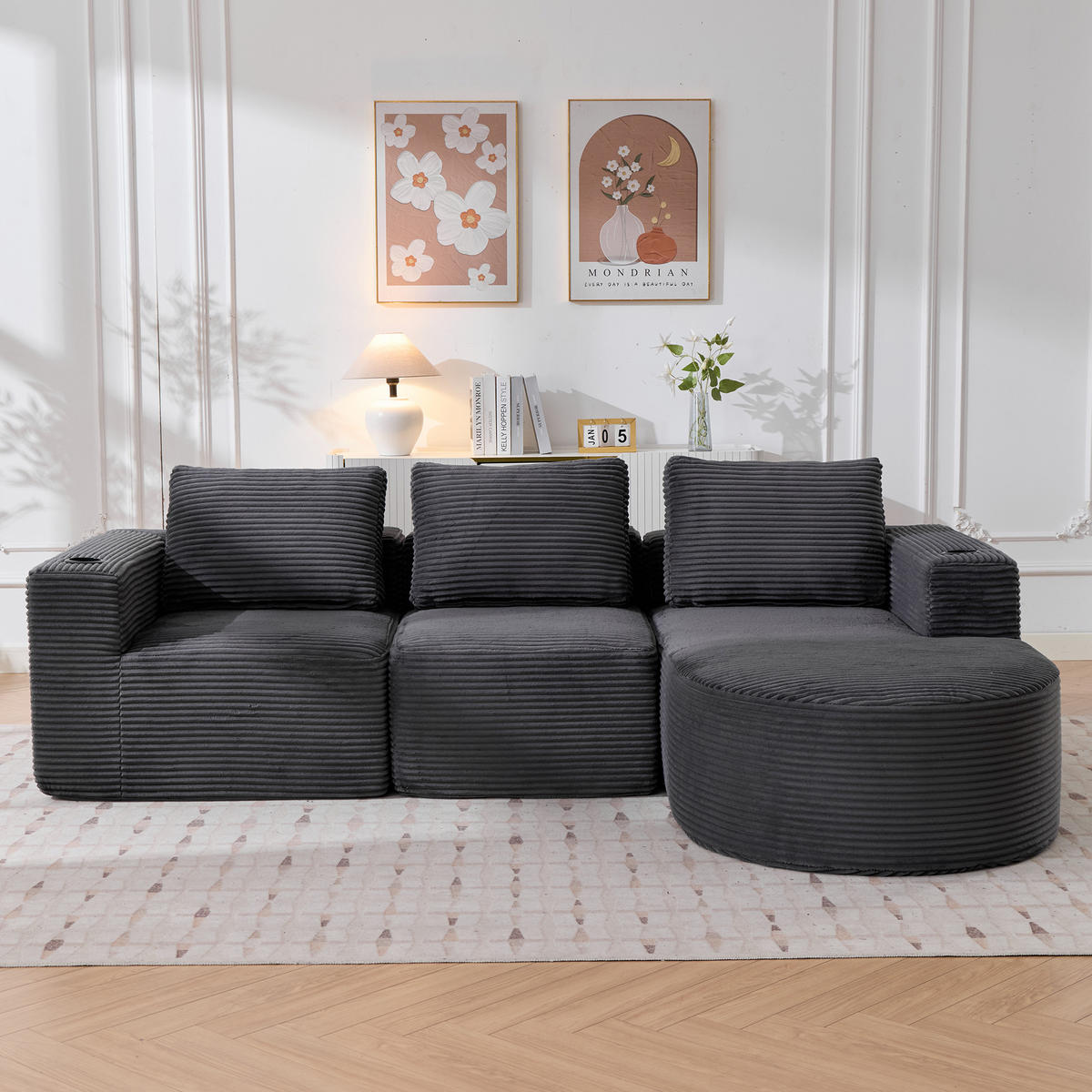 2-SITZER ECKSOFA Cord Dunkelgrau mit Kissen und Becherhalter - Dunkelgrau, Textil (265/176cm) - WISHDOR