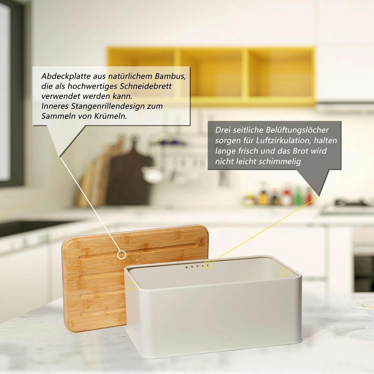 BROTKASTEN mit Schneidebrett und Brotbeutel Beige 33x21x15cm - Creme, Naturmaterialien (21/15/33cm)