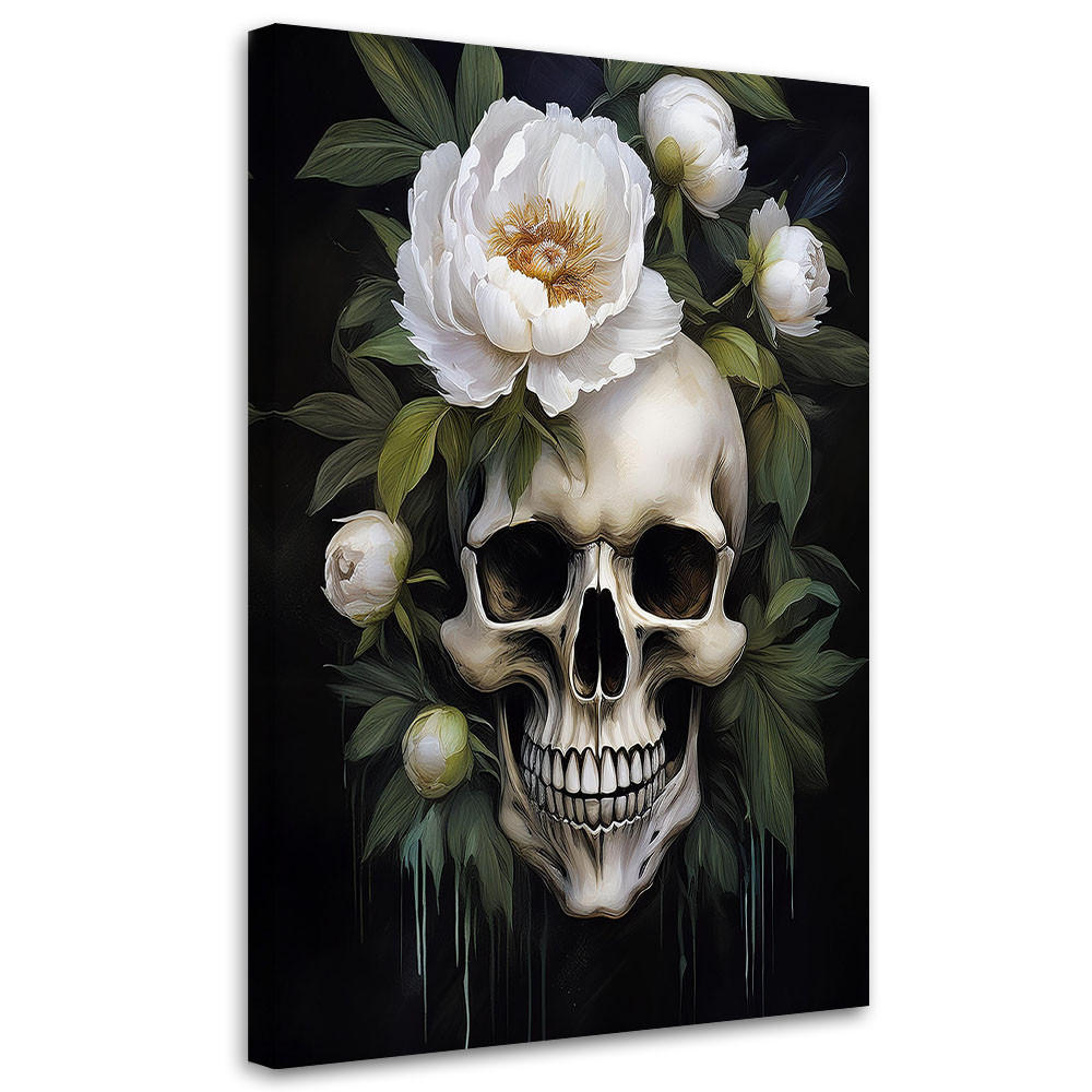 WANDBILD schädel weiße pfingstrosen blumen - Grün, Textil (60/90cm) - Feeby