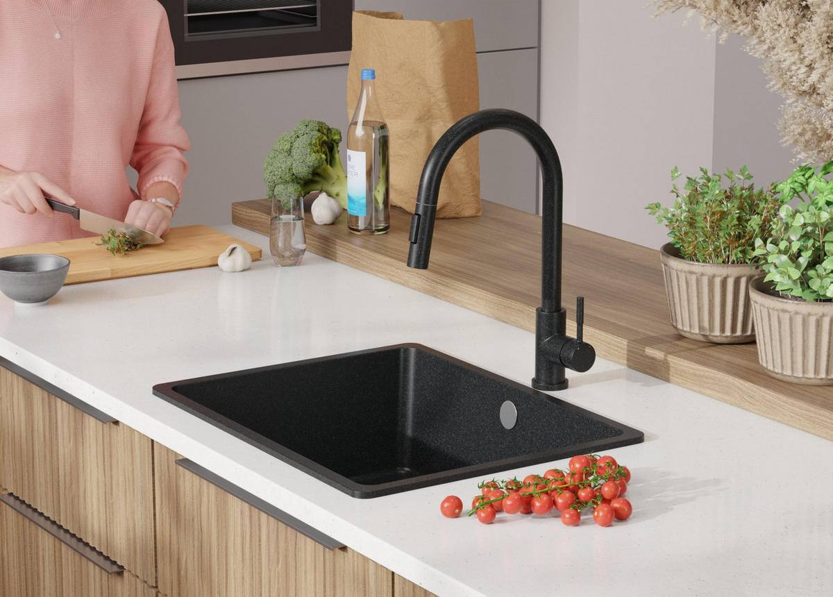 SPÜLBECKEN Venedig Slim Easy, 2-er set Anthrazit 56/44 cm 1 Becken + Ablauf-Set ab 60er Unterschrank - Chromfarben/Anthrazit, Kunststoff (56/20/44cm) - Primagran