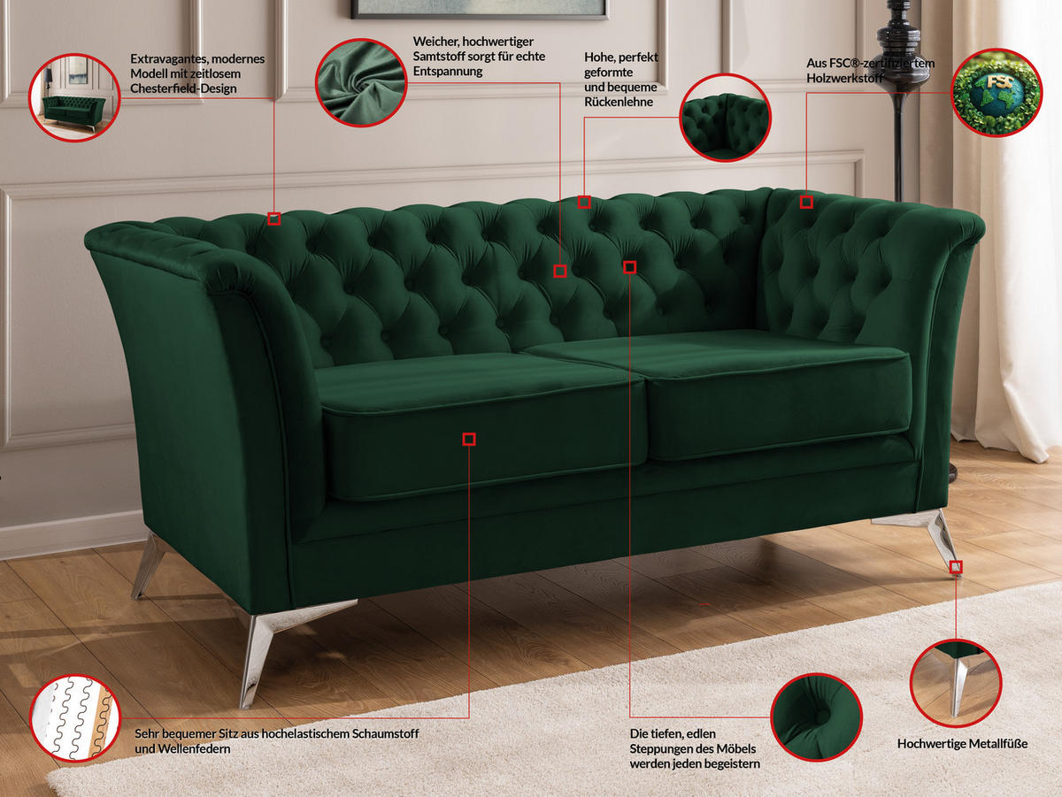 SITZGARNITUR 3+2 Chesterfield Whitby Flasche Grün Samt mit silbernen Füßen - Dunkelgrün/Silberfarben, Holz/Textil (237/78/82cm) - S-Style Möbel