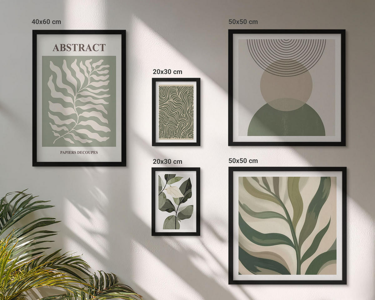 BILDER SET 5er Set - 50x50 cm & 20x30 cm & 40x60 cm Schwarzer Rahmen - Blätter geometrische Formen abstrakt - Schwarz, Kunststoff (40/60cm) - TULUP