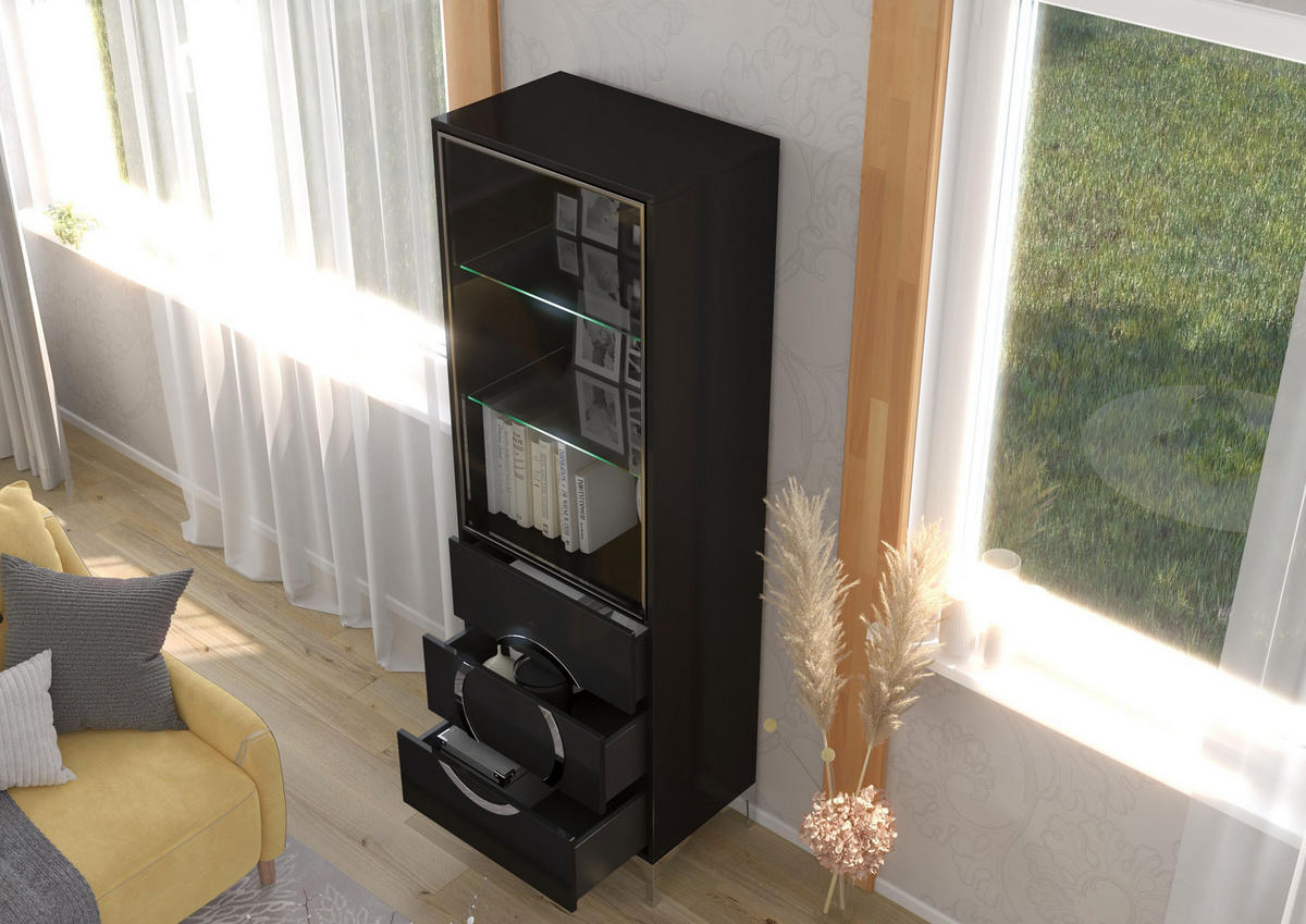VITRINE Eva, Schwarz, Silberne Akzente, Hochglanz - Schwarz Hochglanz/Silberfarben, Holzwerkstoff/Metall (60/180/38cm) - Kayani