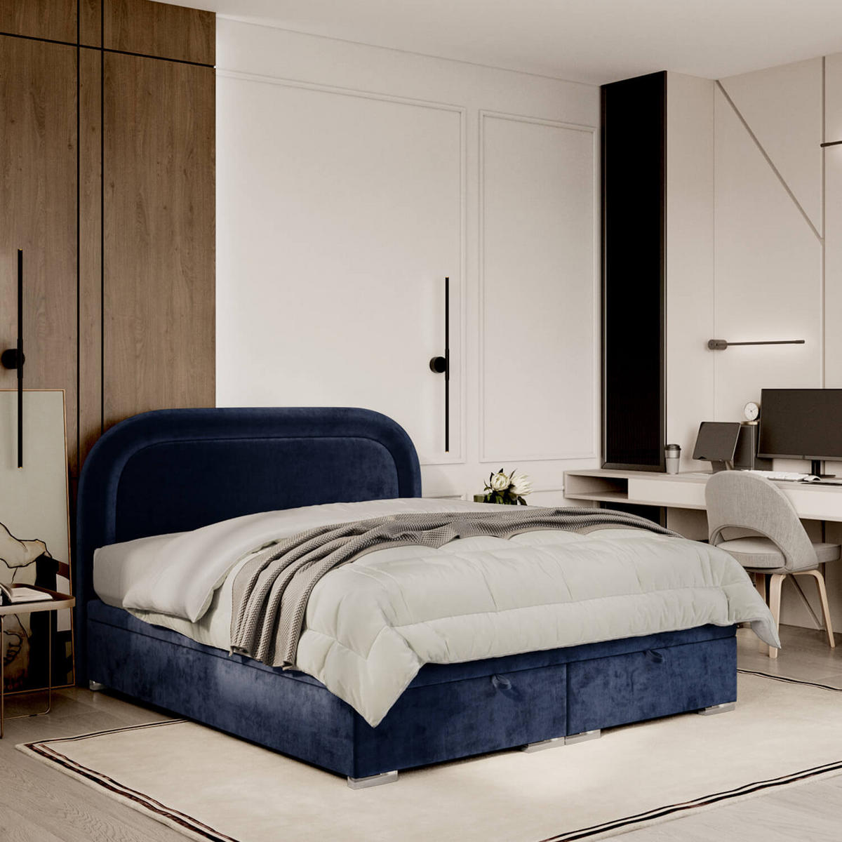 POLSTERBETT Harmony mit Stauraum 140/200 cm Marineblau im Lotta Stoff - Chromfarben/Dunkelblau, Holz/Holzwerkstoff (140/200cm) - AltaBeds